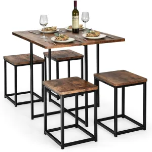 5 Piece Dining Table Set, Dining Set for 4 with Square Stools, Walnut & Black tablecloth, dining table