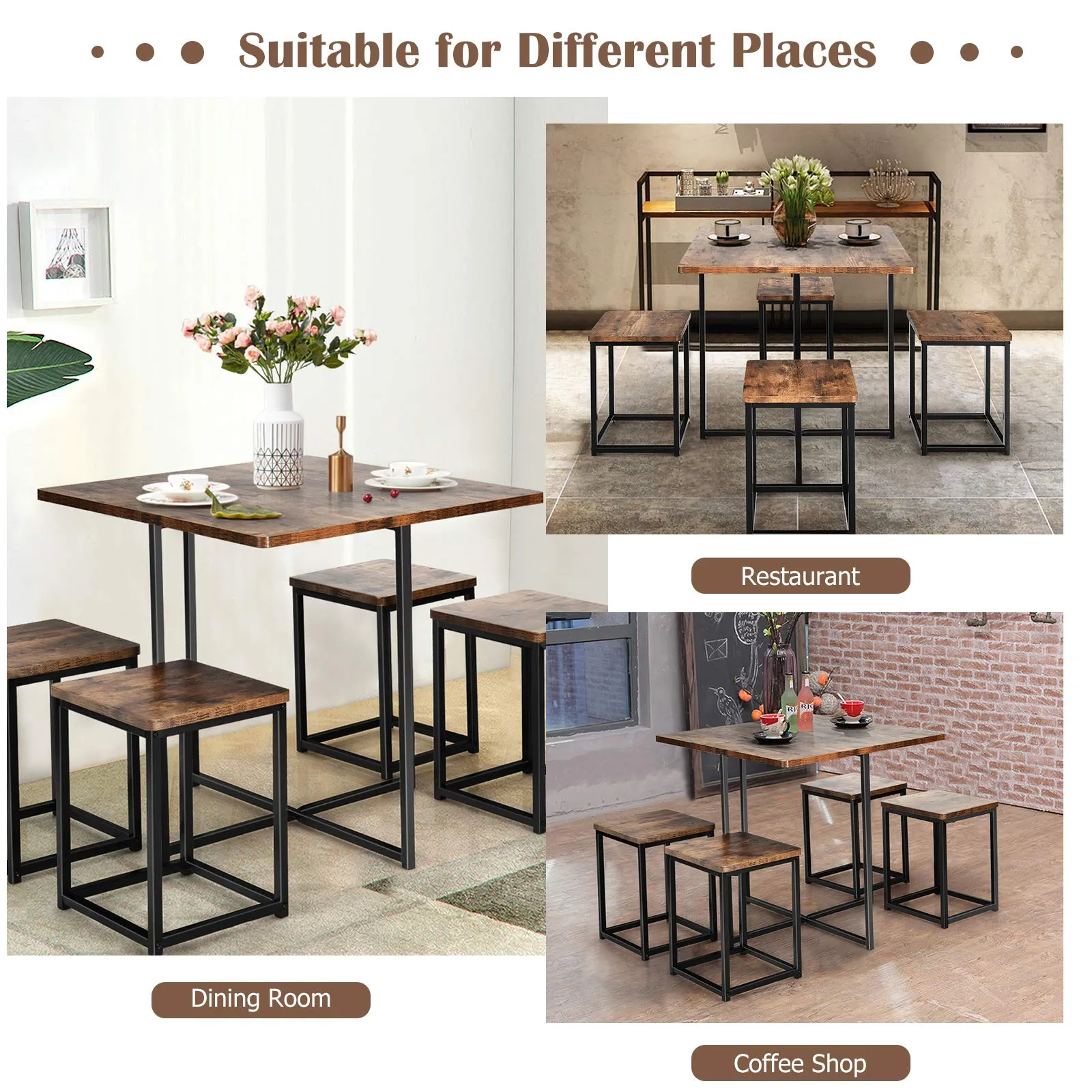 5 Piece Dining Table Set, Dining Set for 4 with Square Stools, Walnut & Black