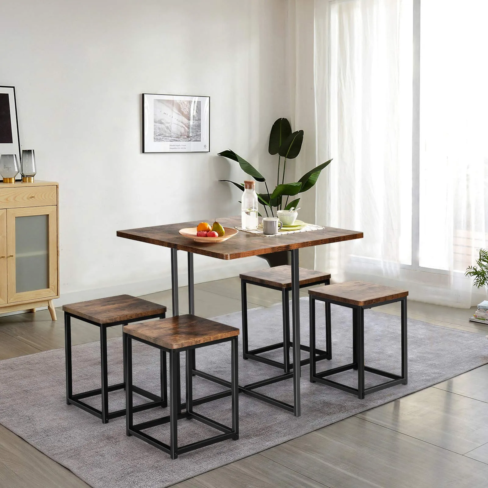 5 Piece Dining Table Set, Dining Set for 4 with Square Stools, Walnut & Black