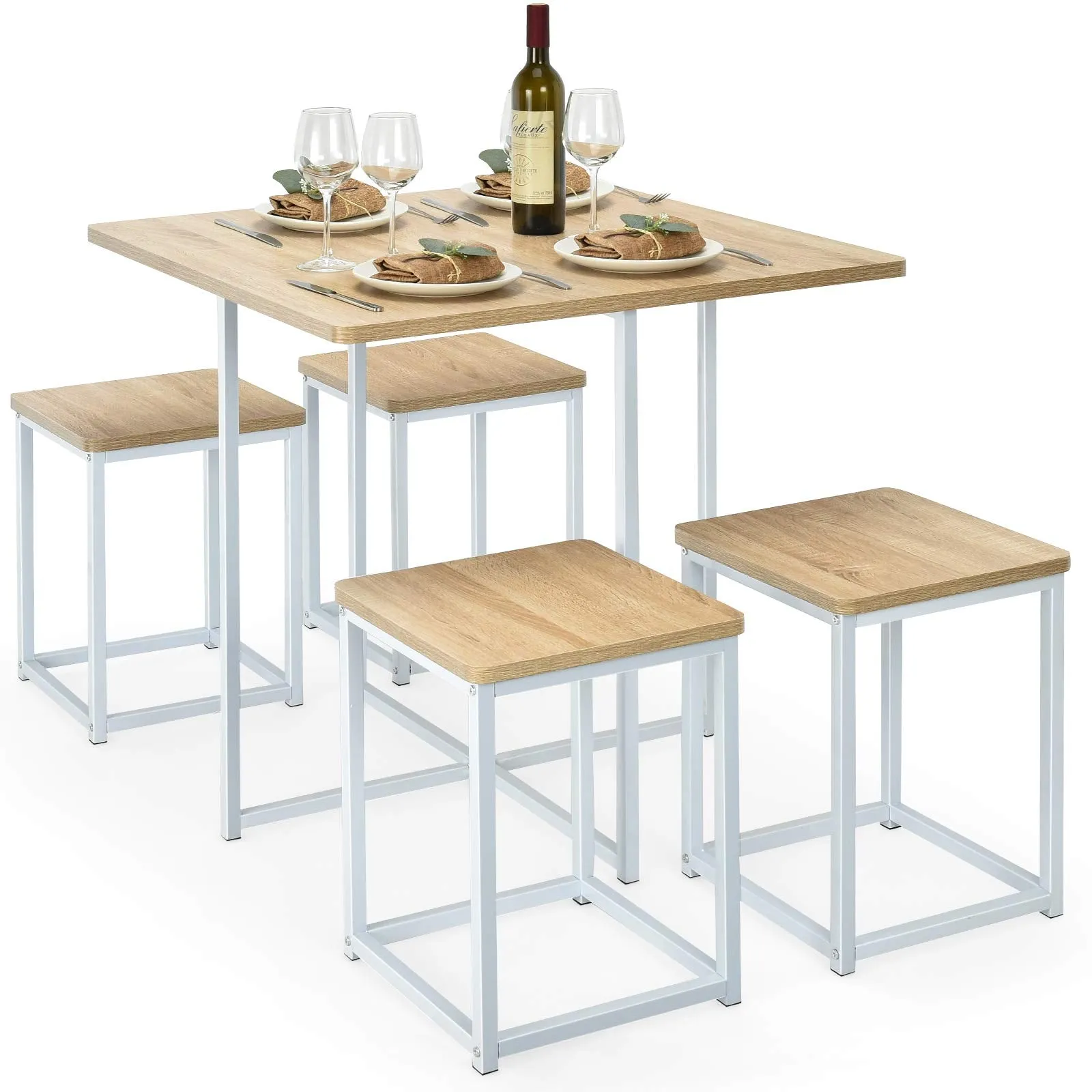 5 Piece Dining Table Set, Dining Set for 4 with Square Stools, Walnut & Black