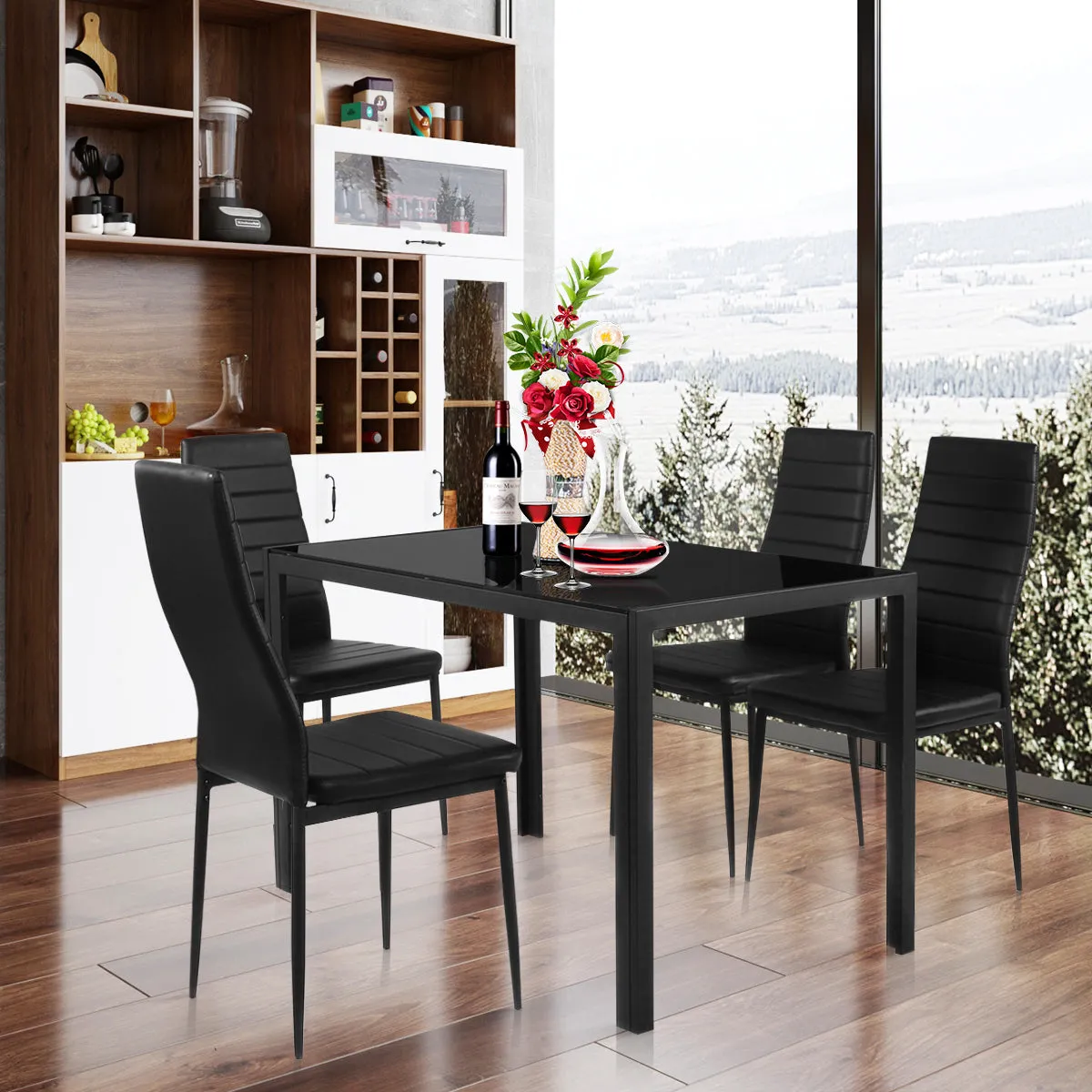 5 Piece Kitchen Dining Table Set with Glass Table Top Leather Padded 4 Chairs (Black)