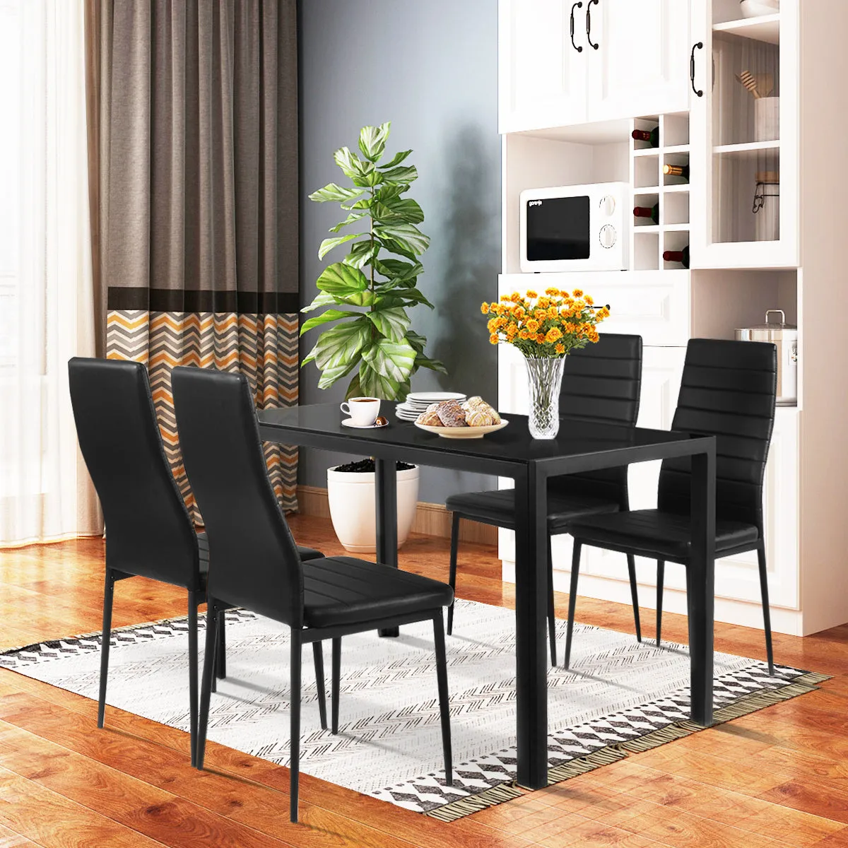 5 Piece Kitchen Dining Table Set with Glass Table Top Leather Padded 4 Chairs (Black)