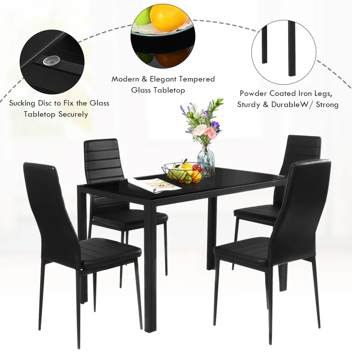 5 Piece Kitchen Dining Table Set with Glass Table Top Leather Padded 4 Chairs (Black)