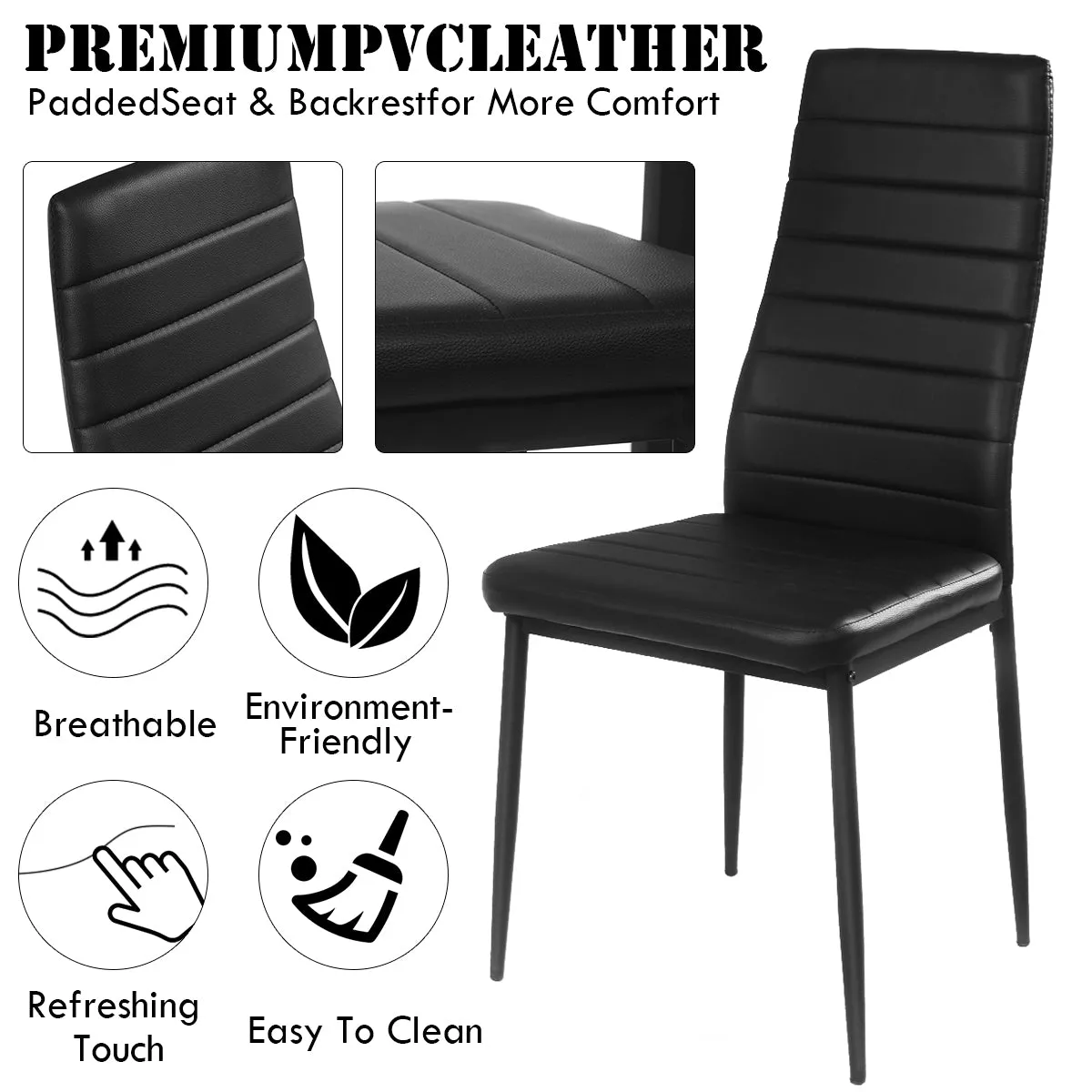 5 Piece Kitchen Dining Table Set with Glass Table Top Leather Padded 4 Chairs (Black)