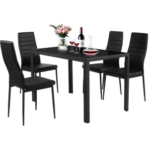 5 Piece Kitchen Dining Table Set with Glass Table Top Leather Padded 4 Chairs (Black) tablecloth, dining table