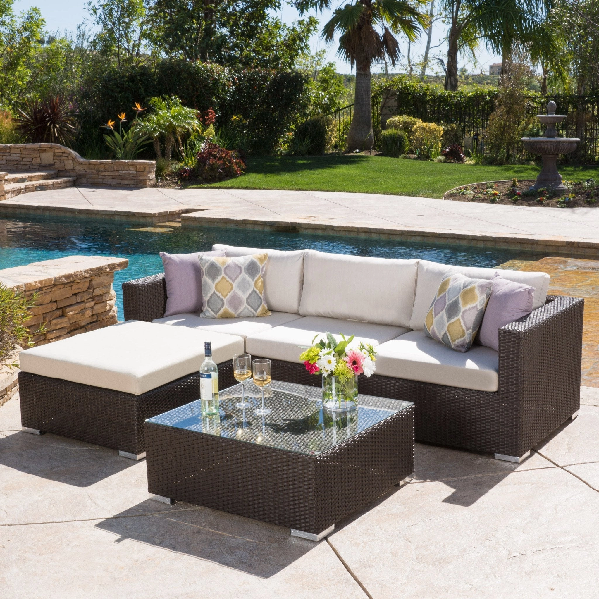 5pc Outdoor Brown Wicker/Aluminum Seating Sectional Set w/ Cushions - NH544692 serving bowl, serving dish