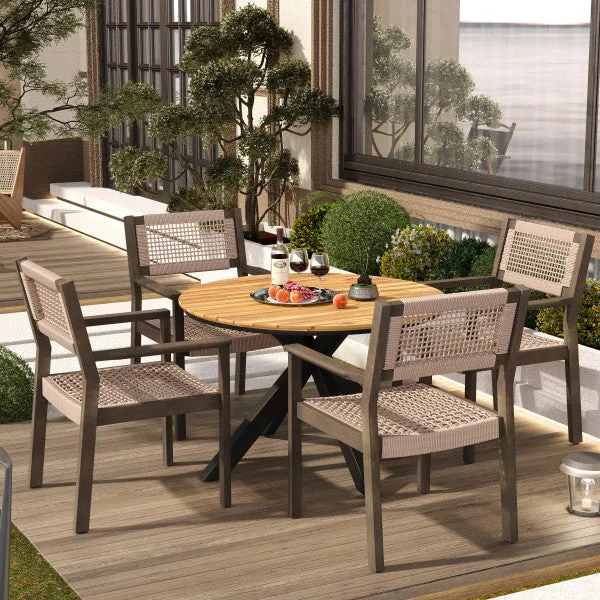 5Pcs Outdoor Patio Dining Set, Rope Weave Chairs & Metal Frame Table