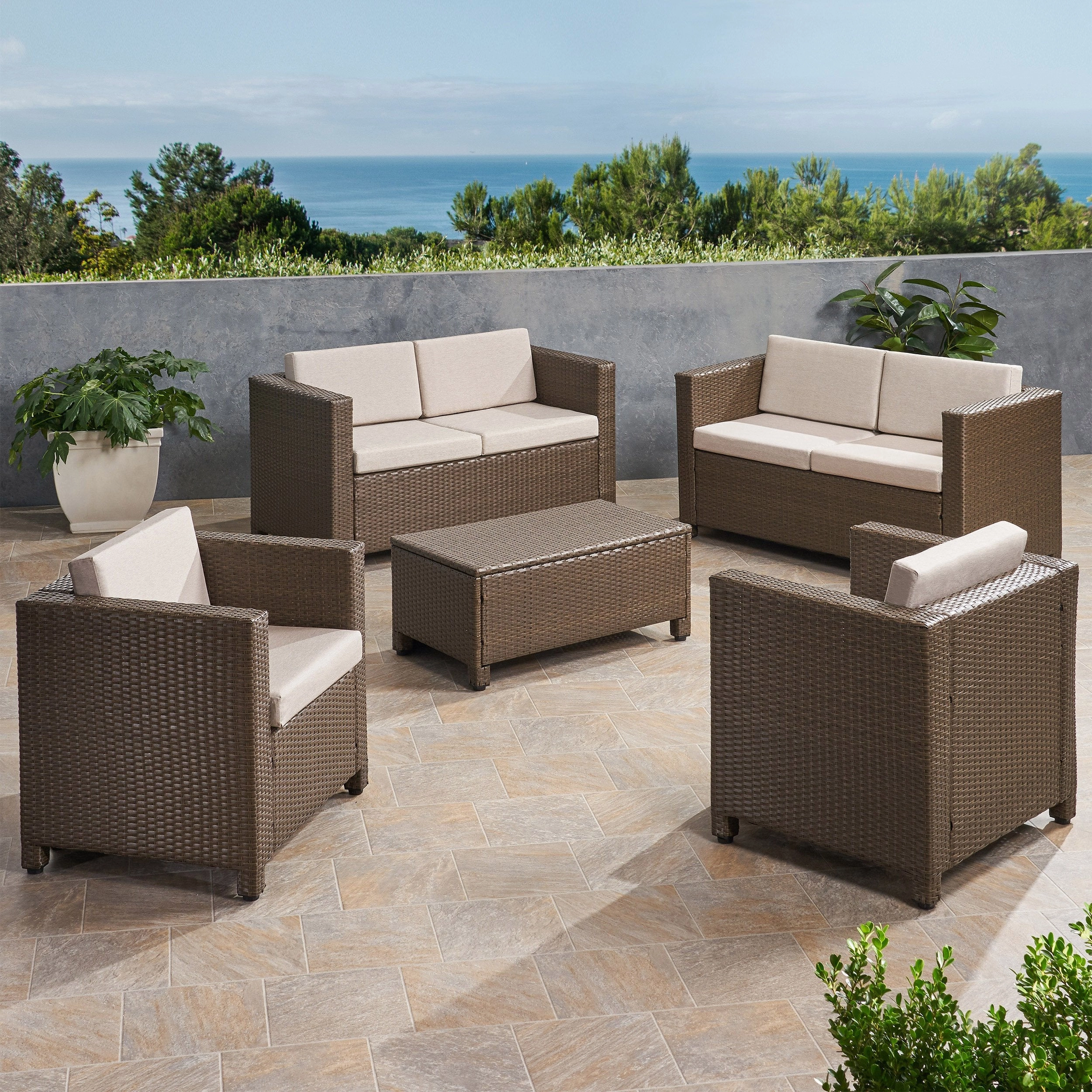6-Seater Outdoor Brown PE Wicker Sofa Set with Coffee Table - NH809903 cushion cover, soft furnishing