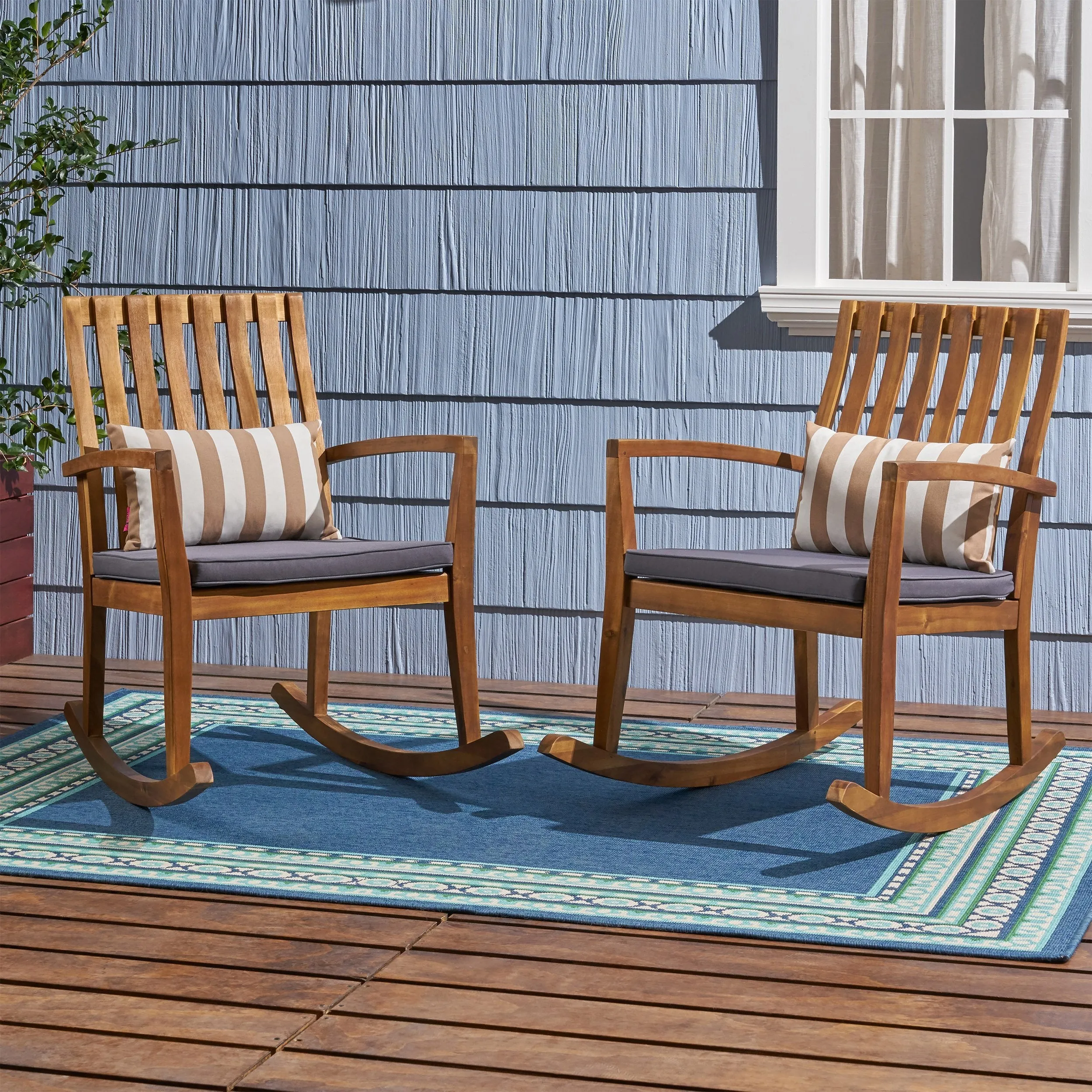 Acacia Wood Rustic Style Rocking Chair with Water Resistant Cushions - NH389803
