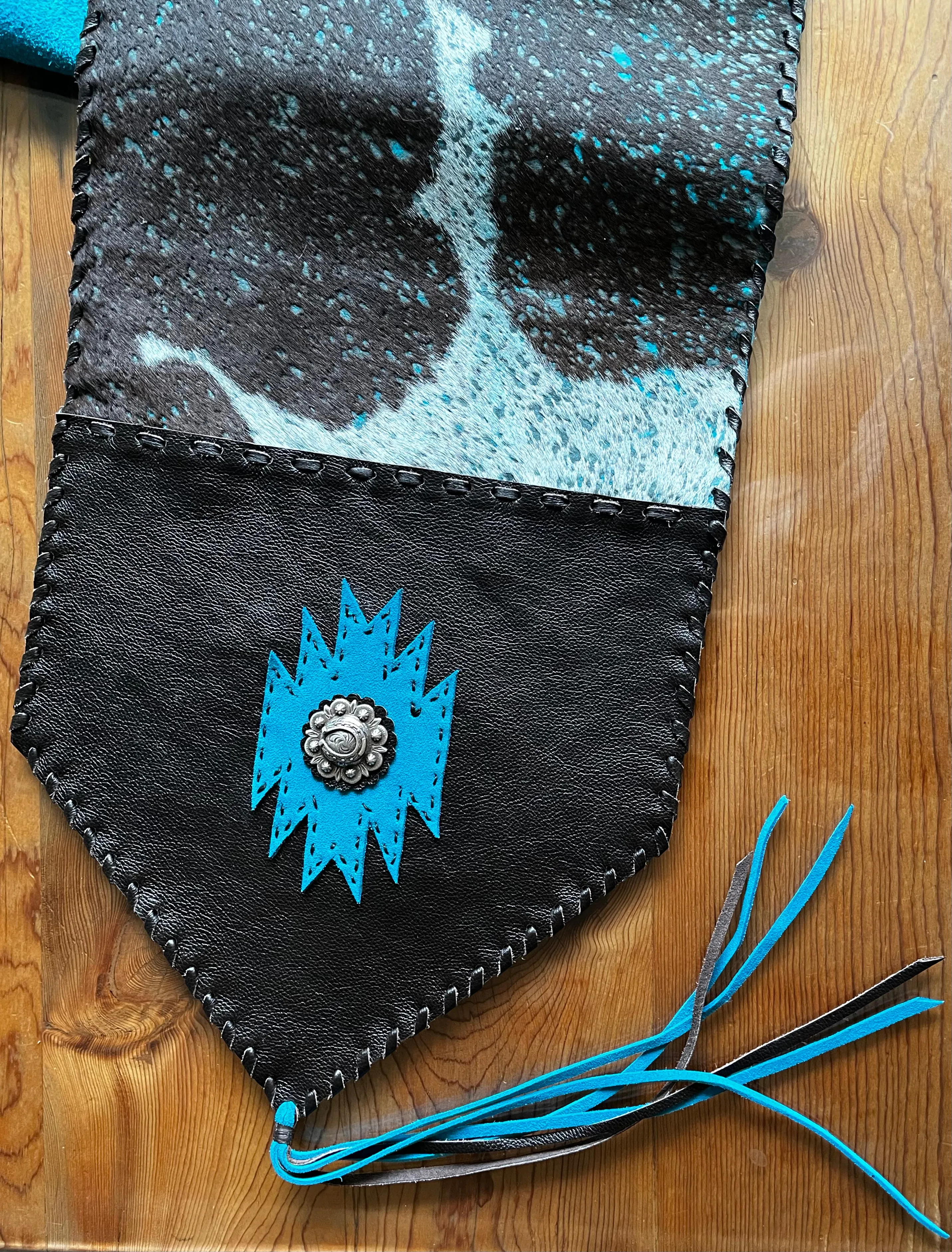 Acid Washed Turquoise Cowhide & Leather Table Runner blender, kitchen appliance