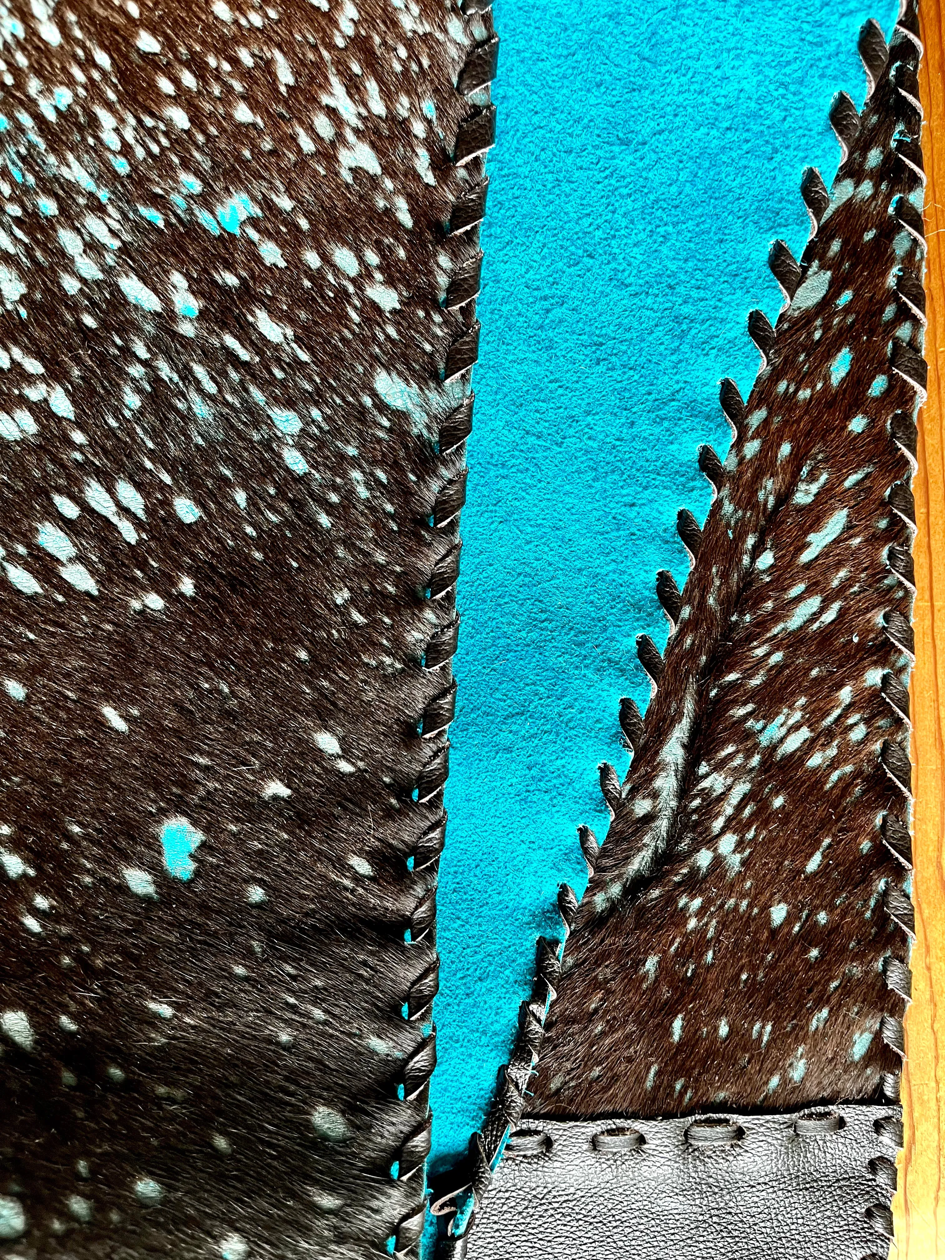 Acid Washed Turquoise Cowhide & Leather Table Runner