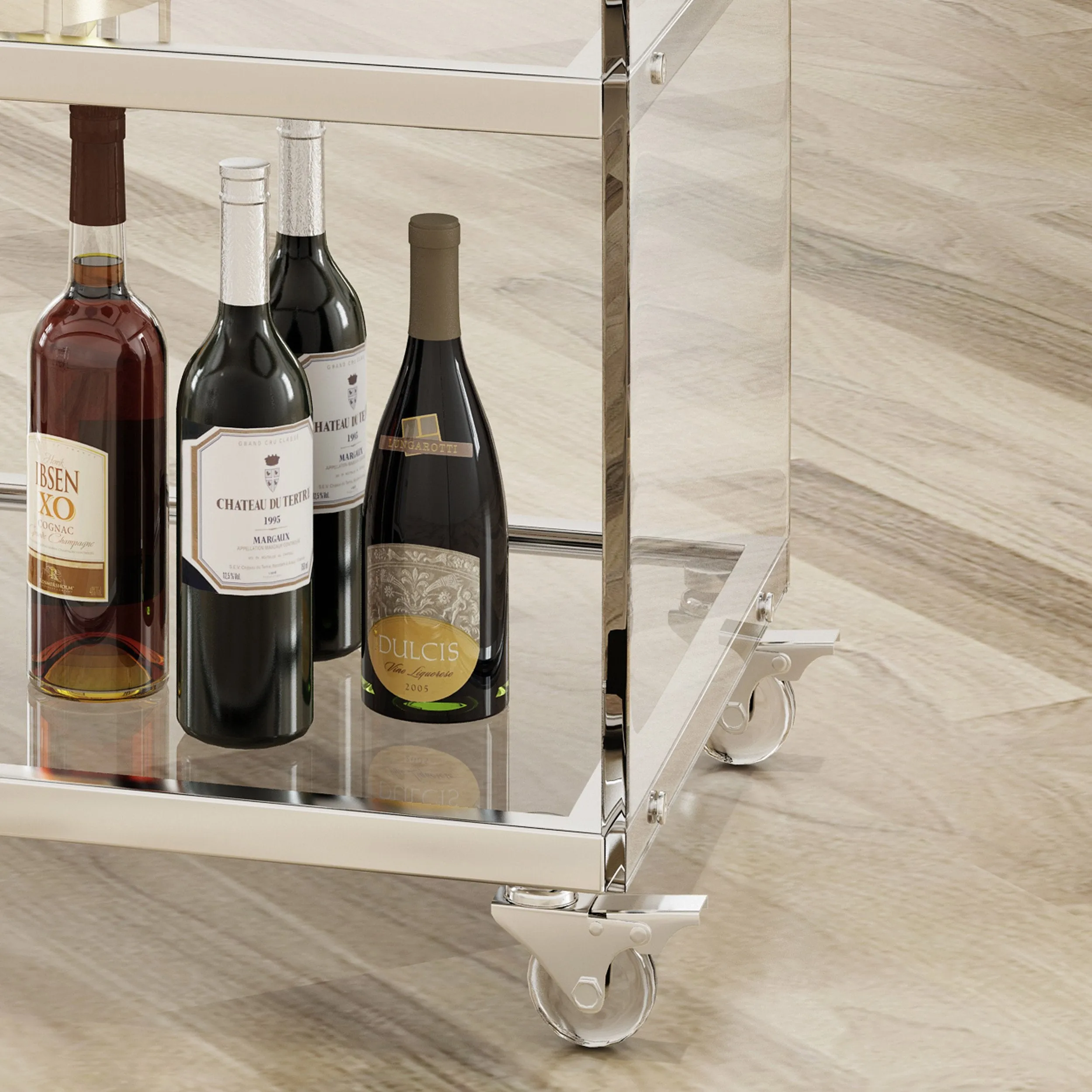 Acrylic Bar Trolley with Glass Shelves, Clear - NH079403