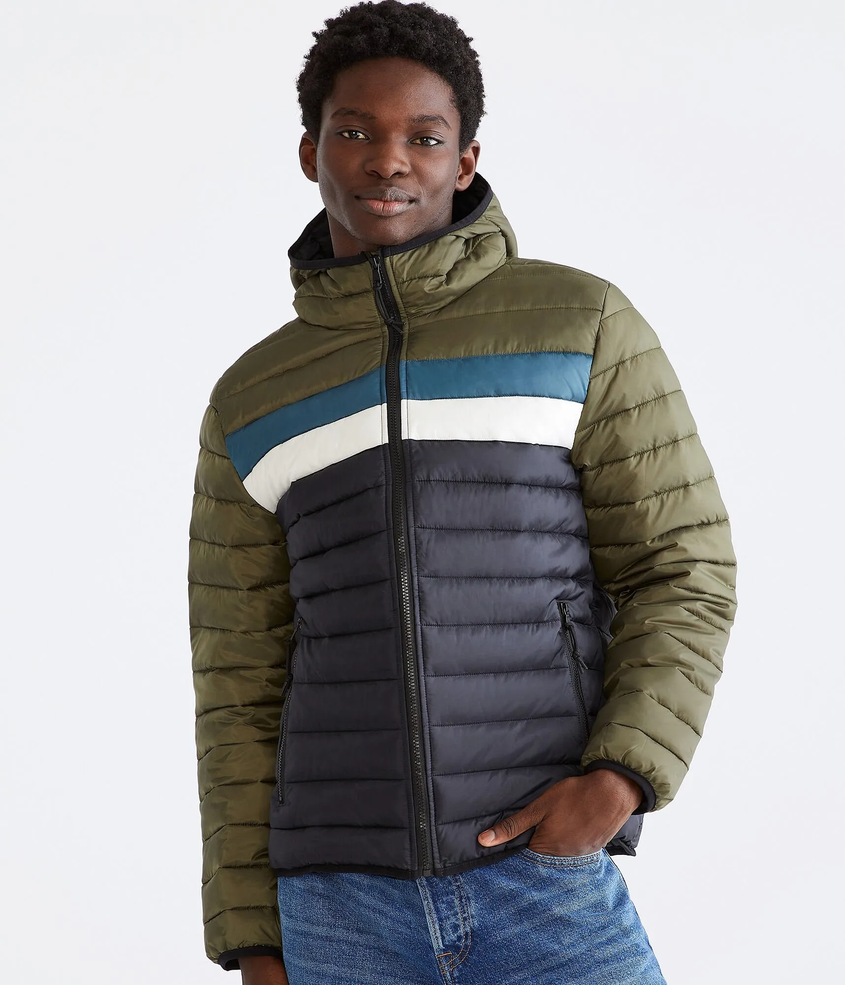 Aeropostale Colorblock Hooded Midweight Puffer Jacket