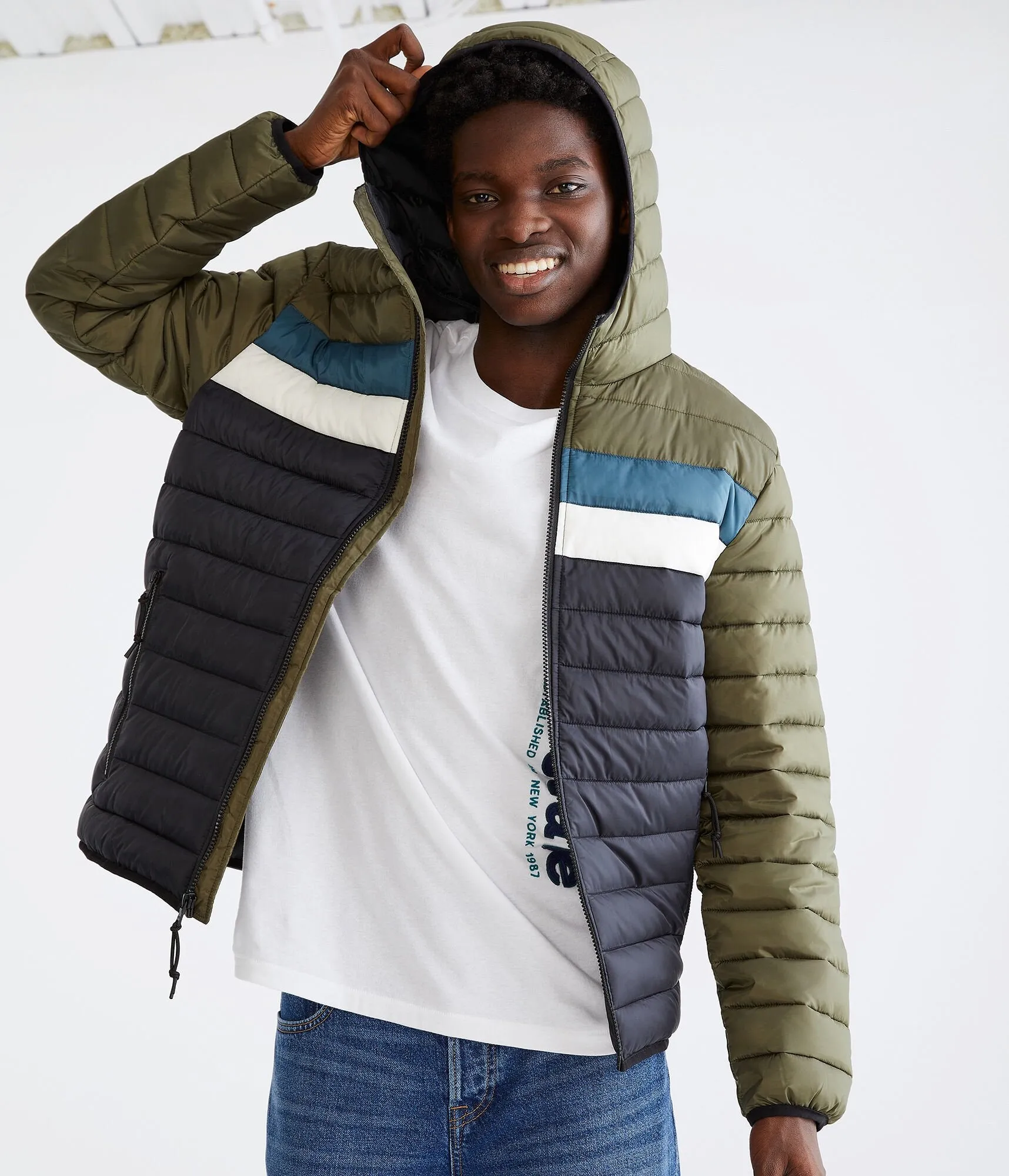 Aeropostale Colorblock Hooded Midweight Puffer Jacket