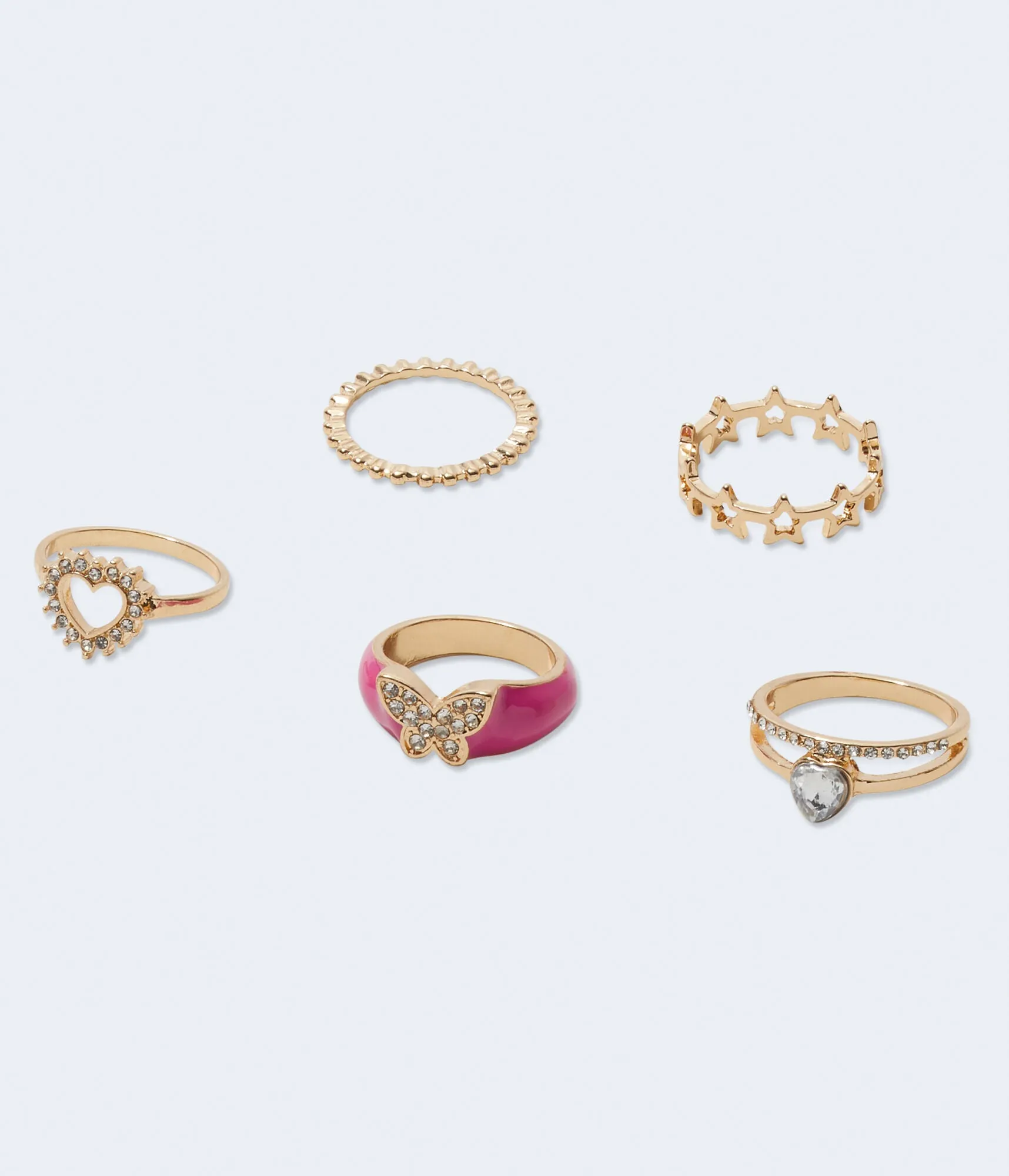 Aeropostale Womens' Rhinestone Butterfly Ring 5-Pack -  - Size S/M - Metal - Teen Fashion & Clothing Gold Aeropostale