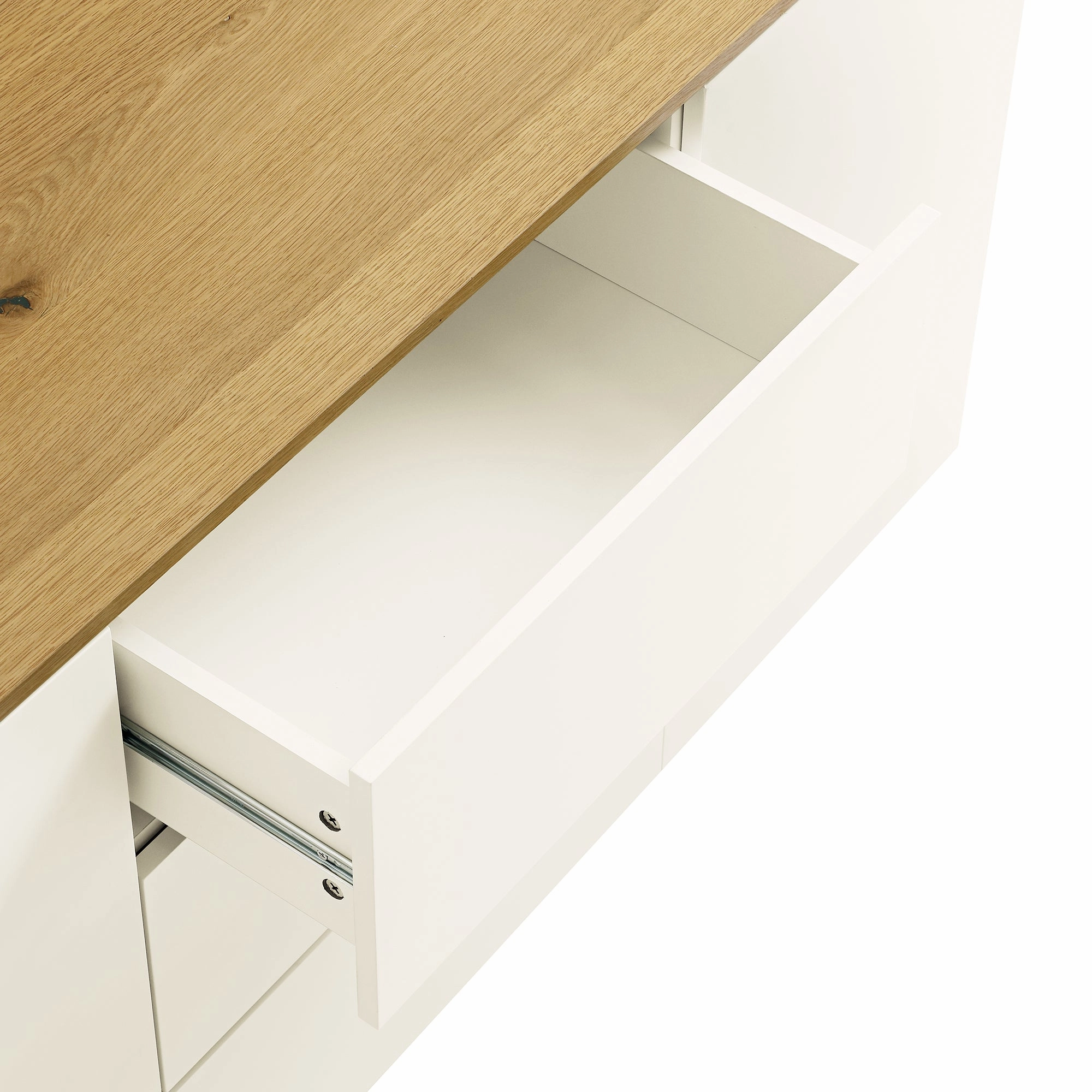 Agnes Curved Edge 2 Door 3 Drawer Wide Sideboard, Off White with Oak Top