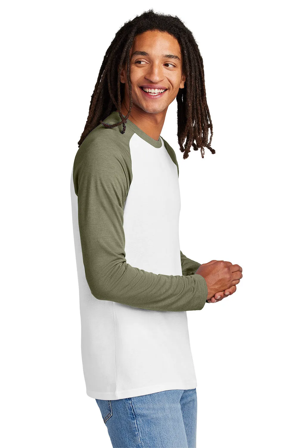 Allmade Mens Colorblock Long Sleeve Crewneck T-Shirt - Bright White/Olive You Green