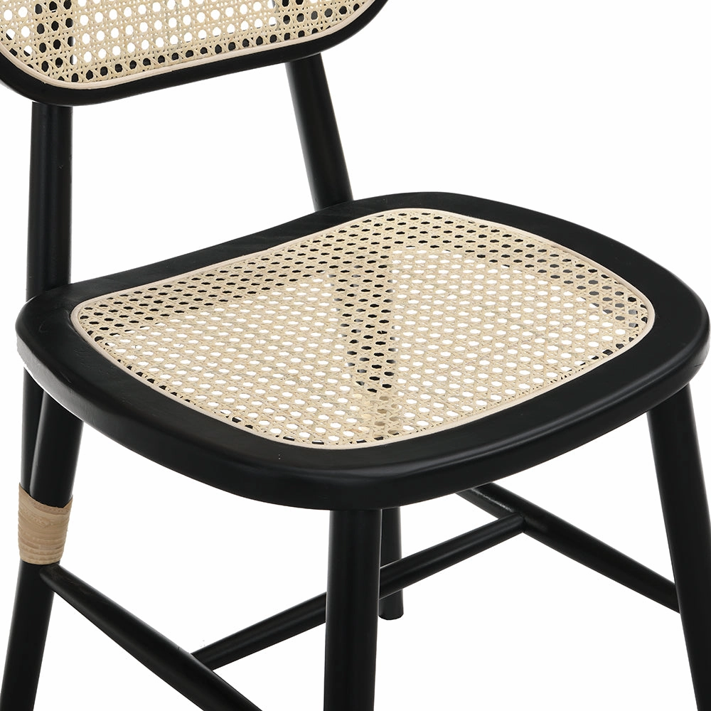 Anya  Set of 2 Cane Rattan and Upholstered Dining Chairs, Black Colour