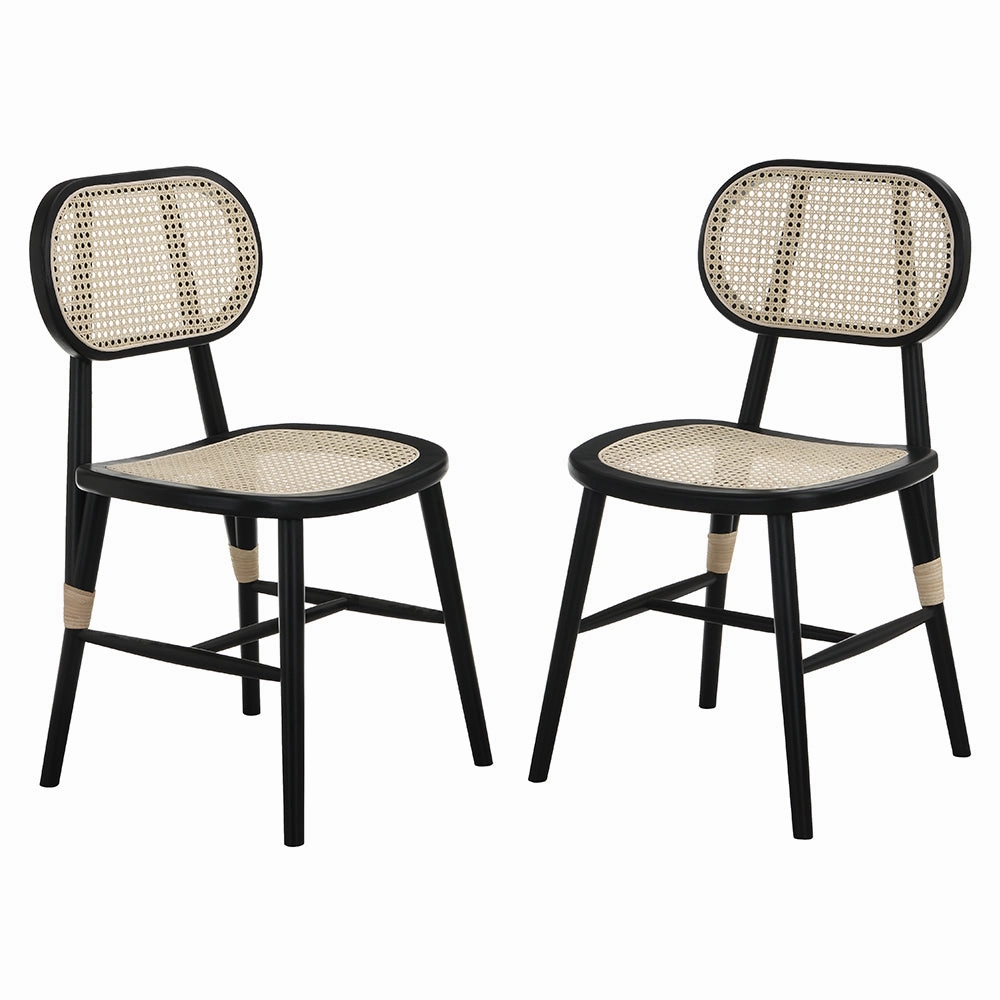 Anya  Set of 2 Cane Rattan and Upholstered Dining Chairs, Black Colour