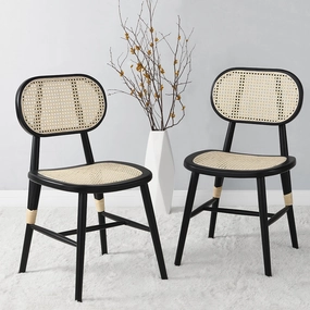 Anya  Set of 2 Cane Rattan and Upholstered Dining Chairs, Black Colour