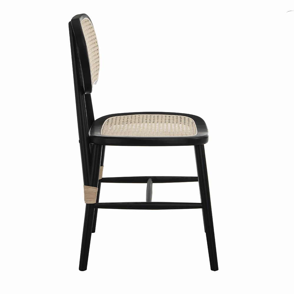 Anya  Set of 2 Cane Rattan and Upholstered Dining Chairs, Black Colour