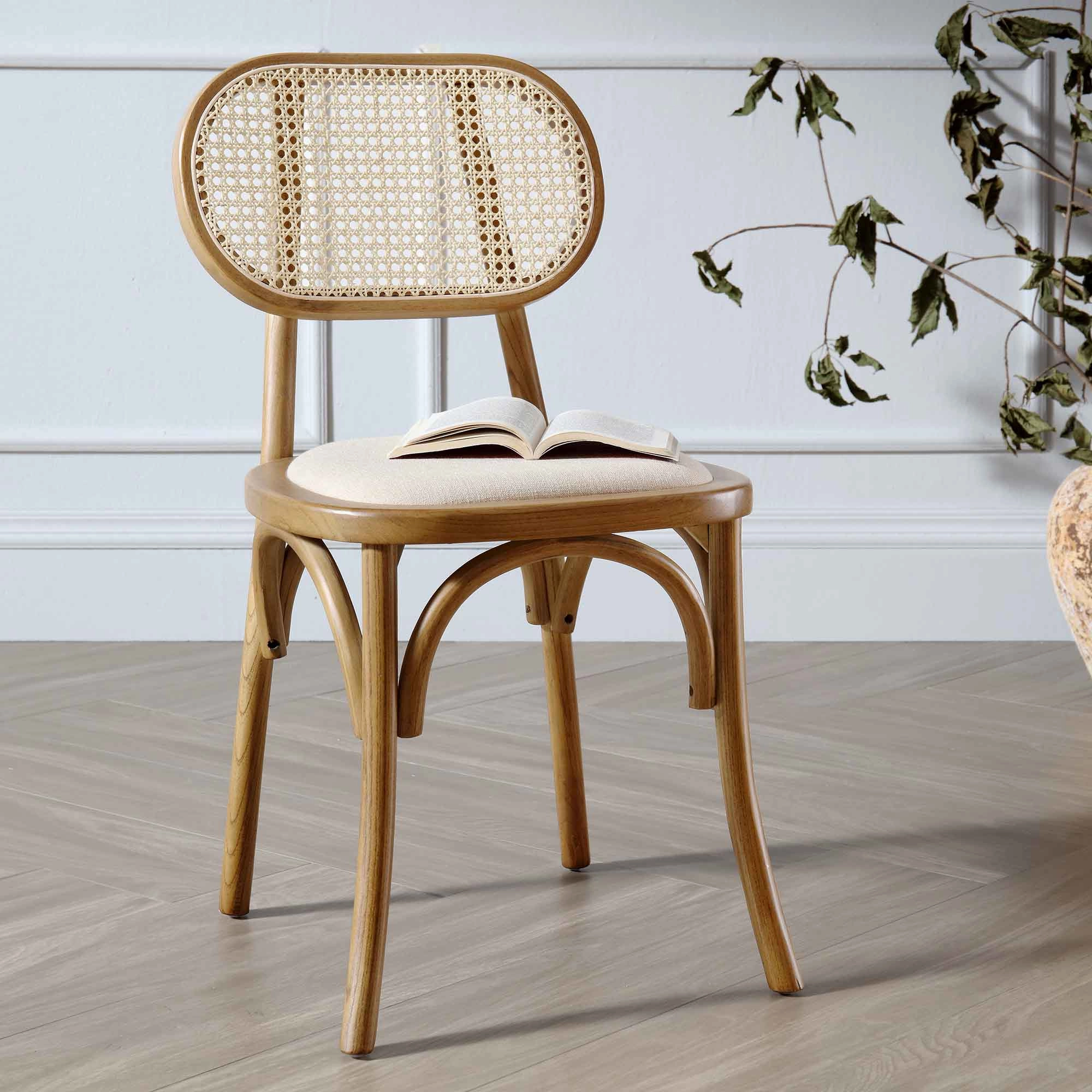 Anya Set of 2 Cane Rattan and Upholstered Dining Chairs, Light Walnut