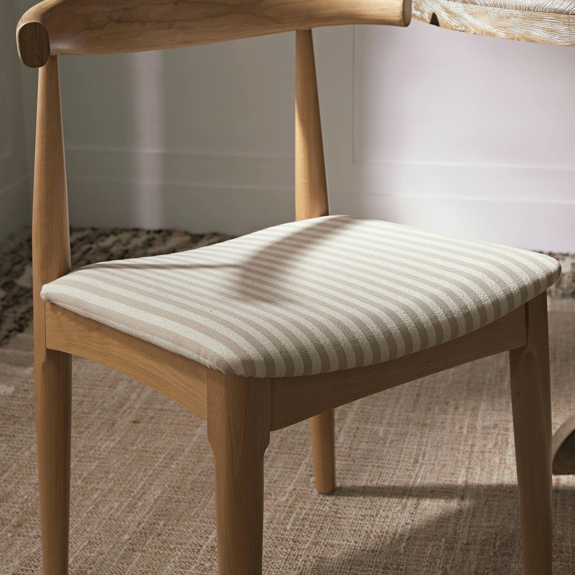 Arley Set of 2 Beech Wood Dining Chairs, Natural and Light Taupe Striped
