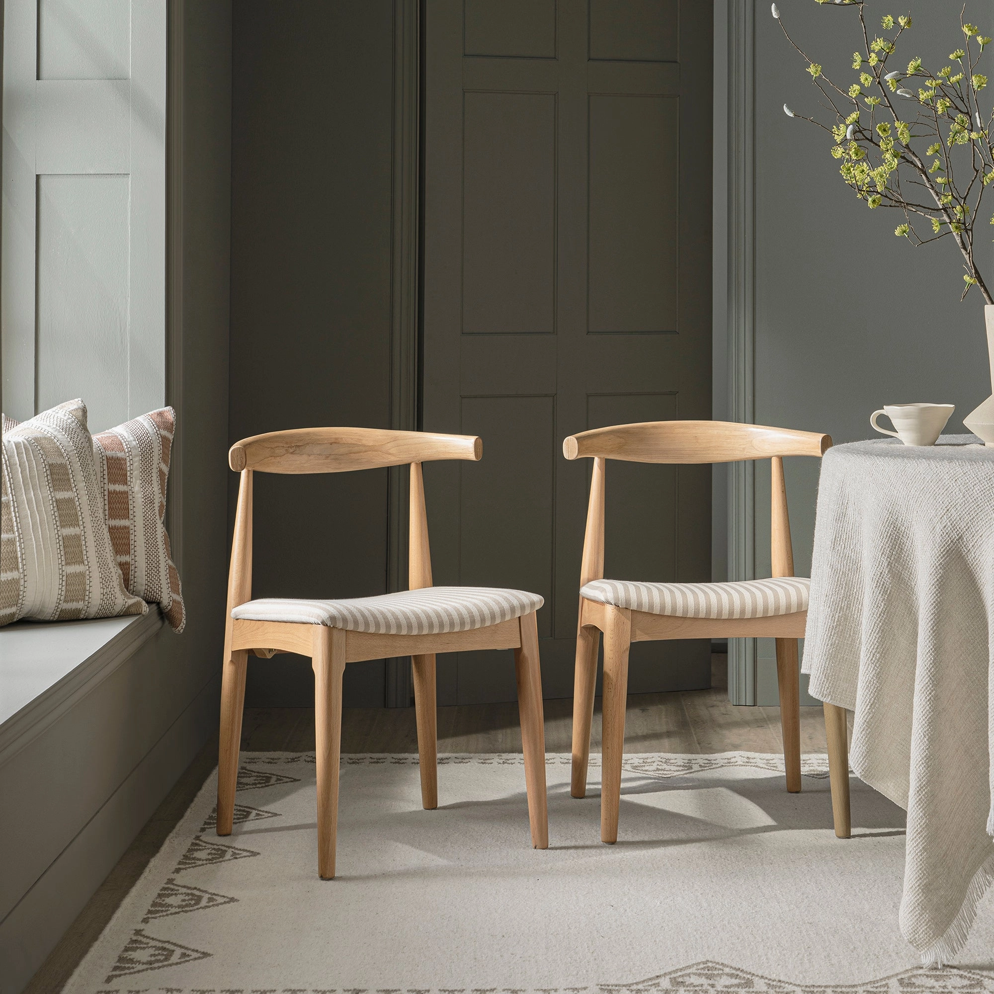 Arley Set of 2 Beech Wood Dining Chairs, Natural and Light Taupe Striped