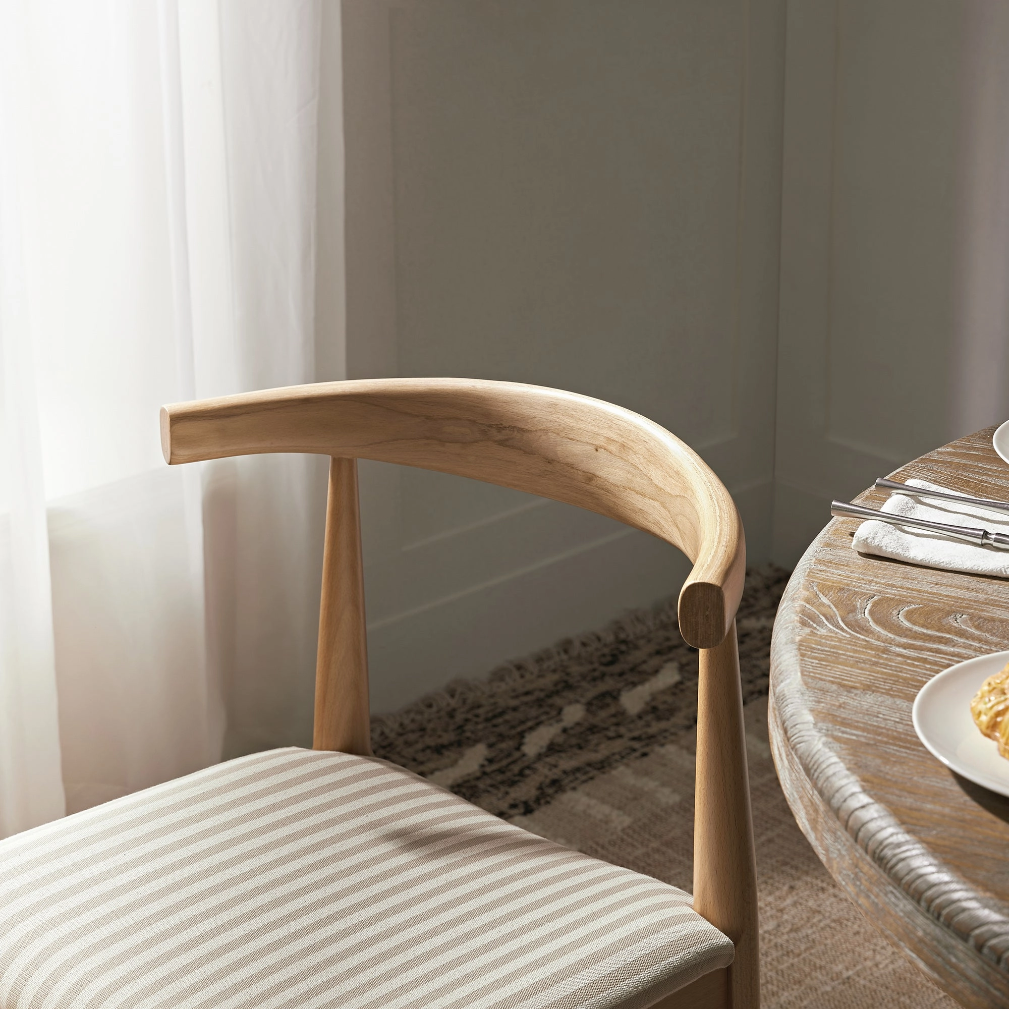 Arley Set of 2 Beech Wood Dining Chairs, Natural and Light Taupe Striped