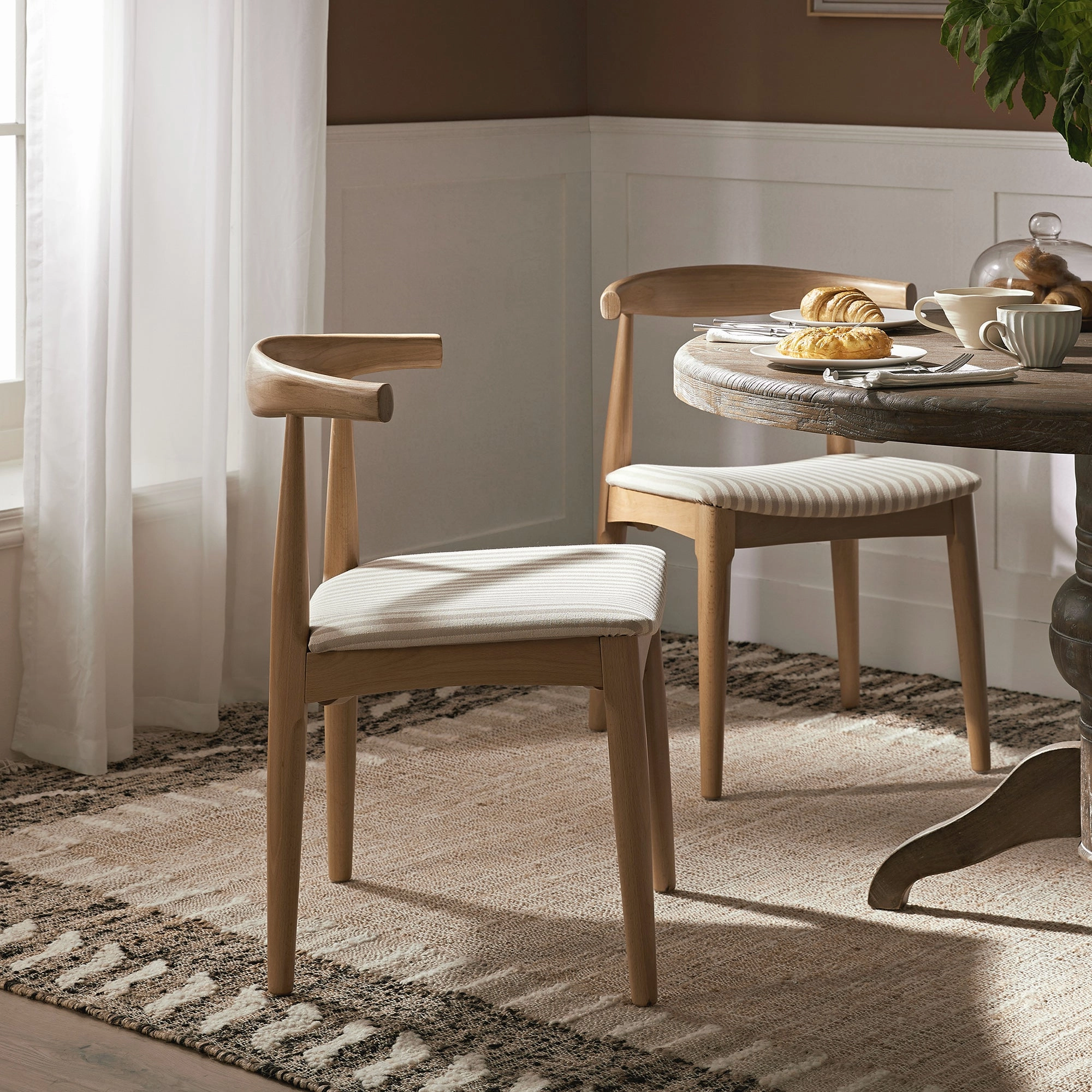 Arley Set of 2 Beech Wood Dining Chairs, Natural and Light Taupe Striped