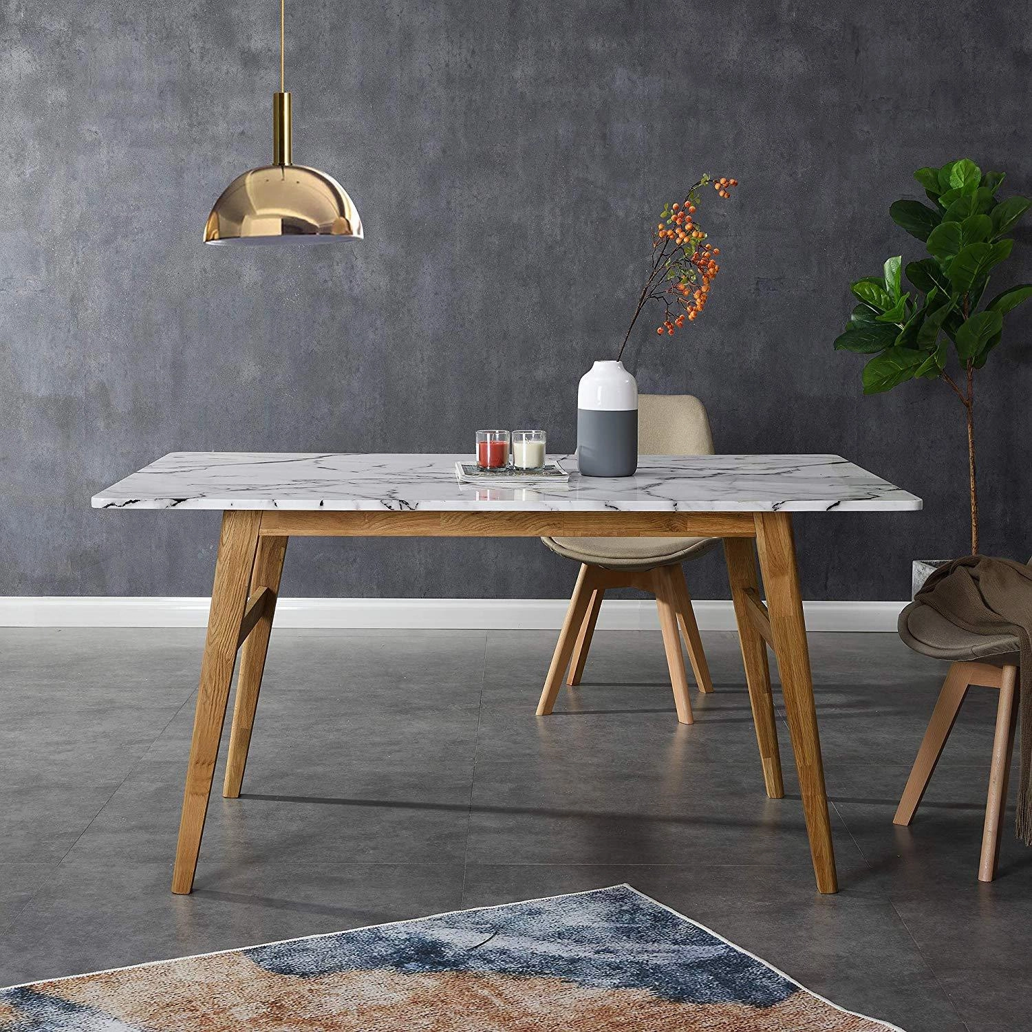 ASCONA White Marble Effect 6-Seater Dining Table with Solid Oak Legs
