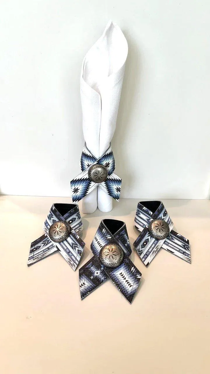 Aztec Blue Leather Napkin Rings 4-pc