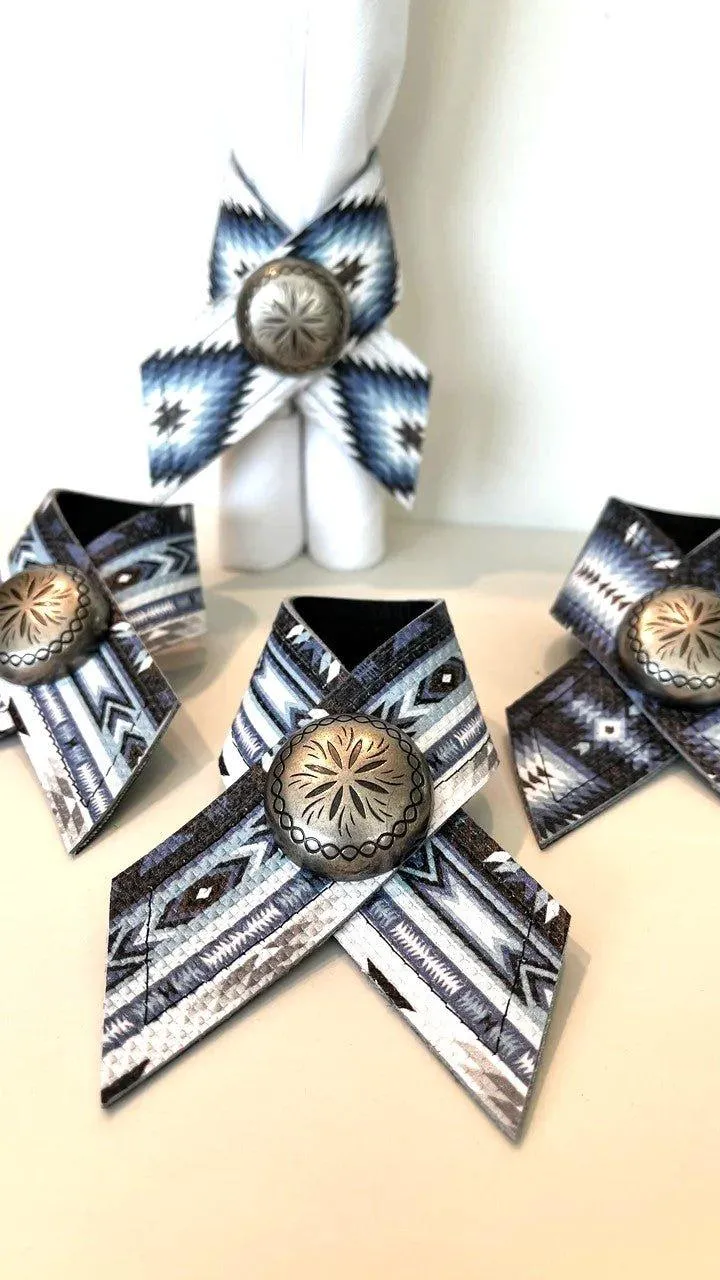 Aztec Blue Leather Napkin Rings 4-pc