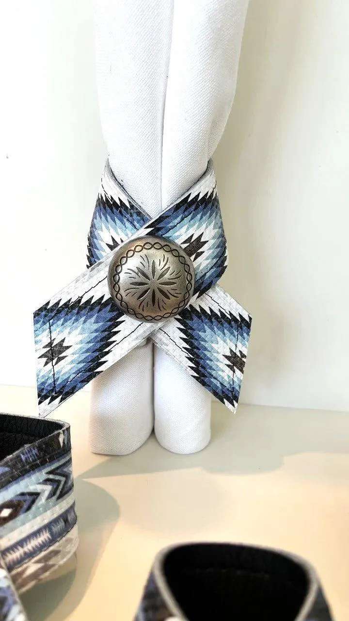 Aztec Blue Leather Napkin Rings 4-pc