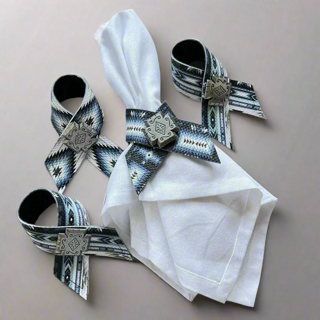 Aztec Blue Leather Napkin Rings 4-pc