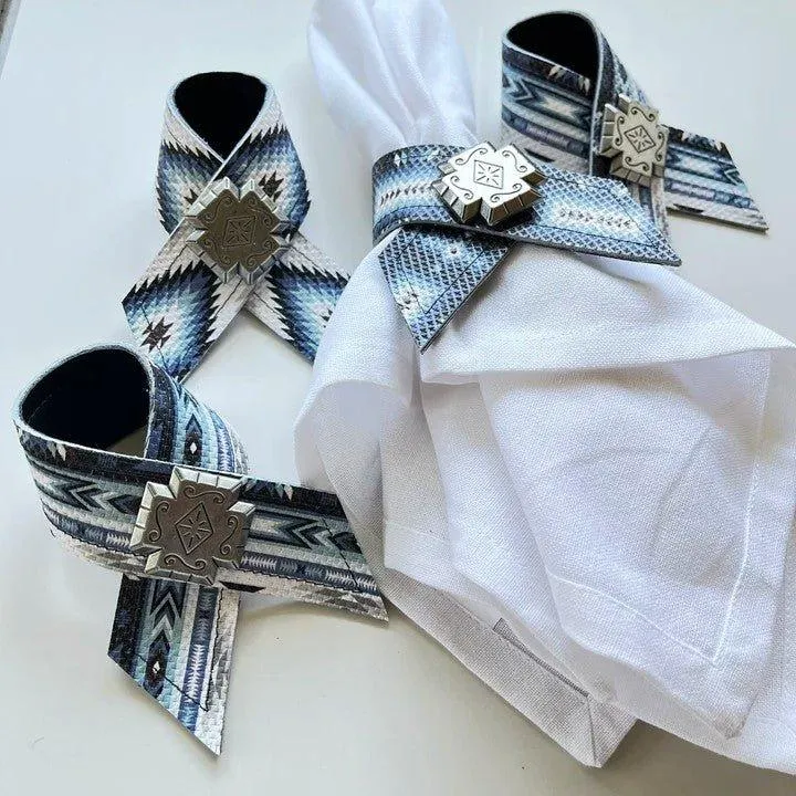 Aztec Blue Leather Napkin Rings 4-pc