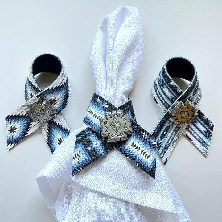 Aztec Blue Leather Napkin Rings 4-pc