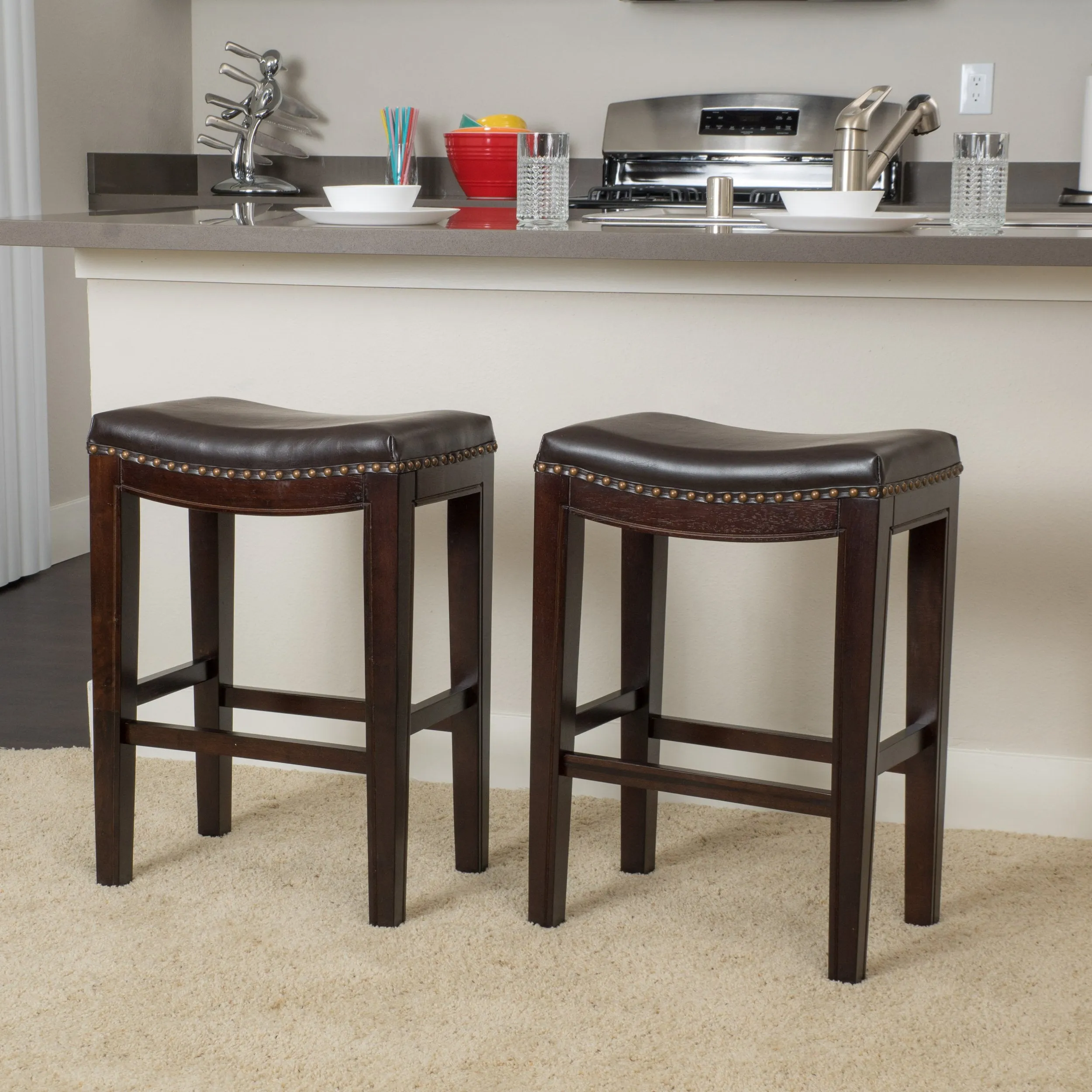 Backless Brown Leather 26-Inch Counter Stools (Set of 2 ) - NH216592 bar stool, counter stool