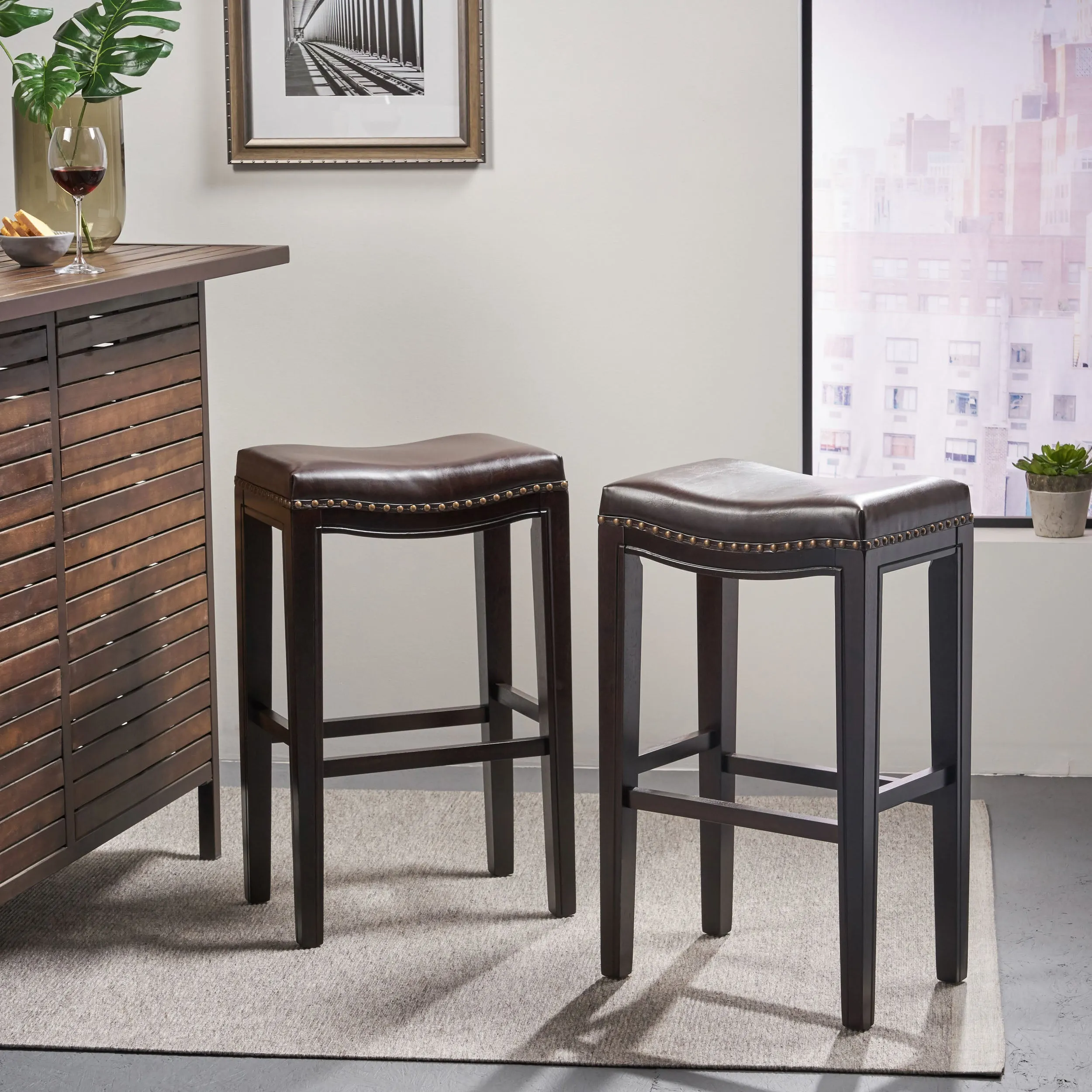 Backless Brown Leather 30-Inch Bar Stools (Set of 2 ) - NH116592 bar stool, counter stool