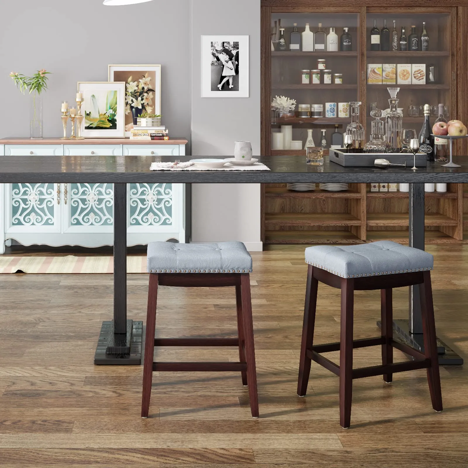 Backless Counter Stool with Footrest, Soft Seat Cushion