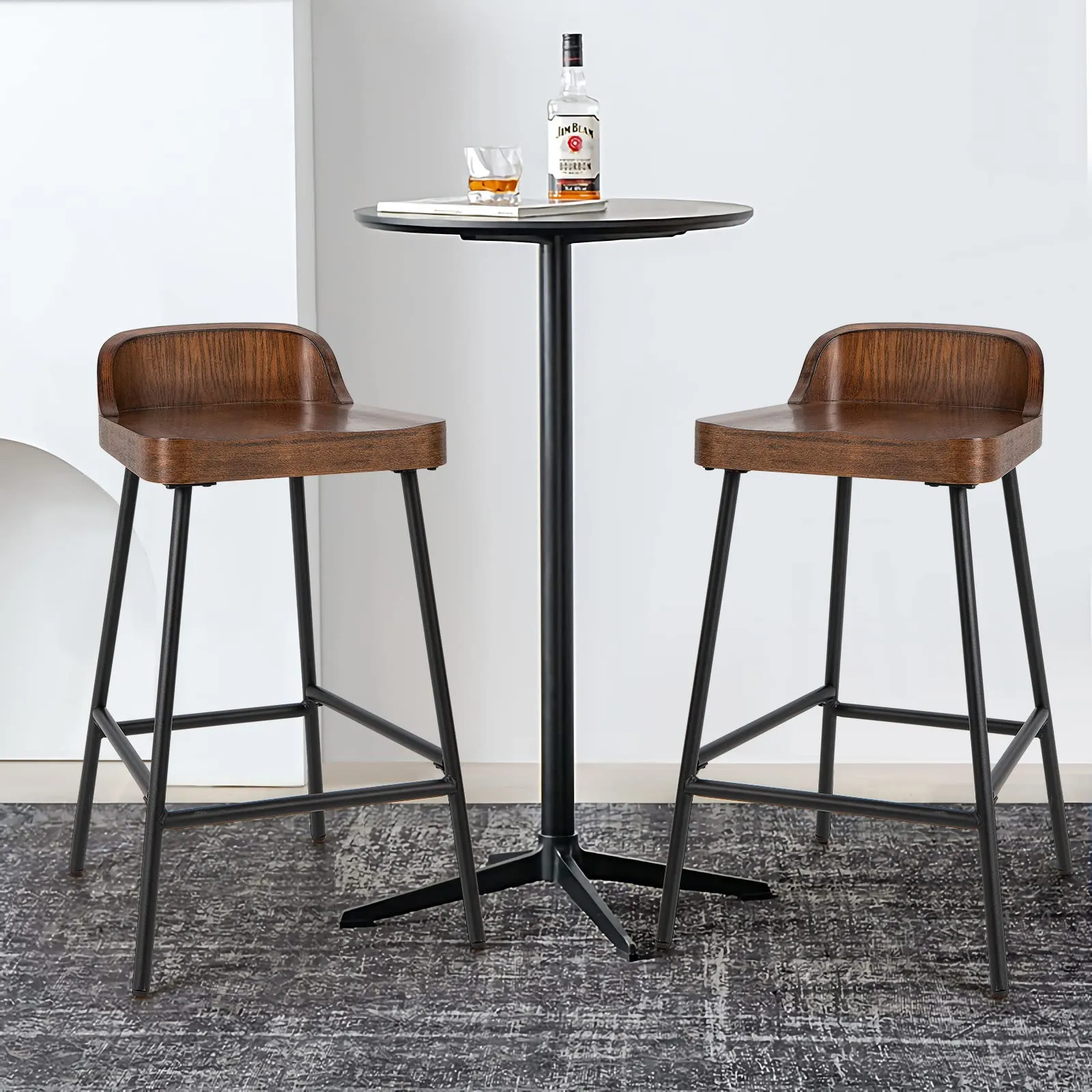 Bar Stool, 24.5-Inch Height Industrial Pub Stool with Backrest and Footrest, Metal Legs, Low-Back Breakfast