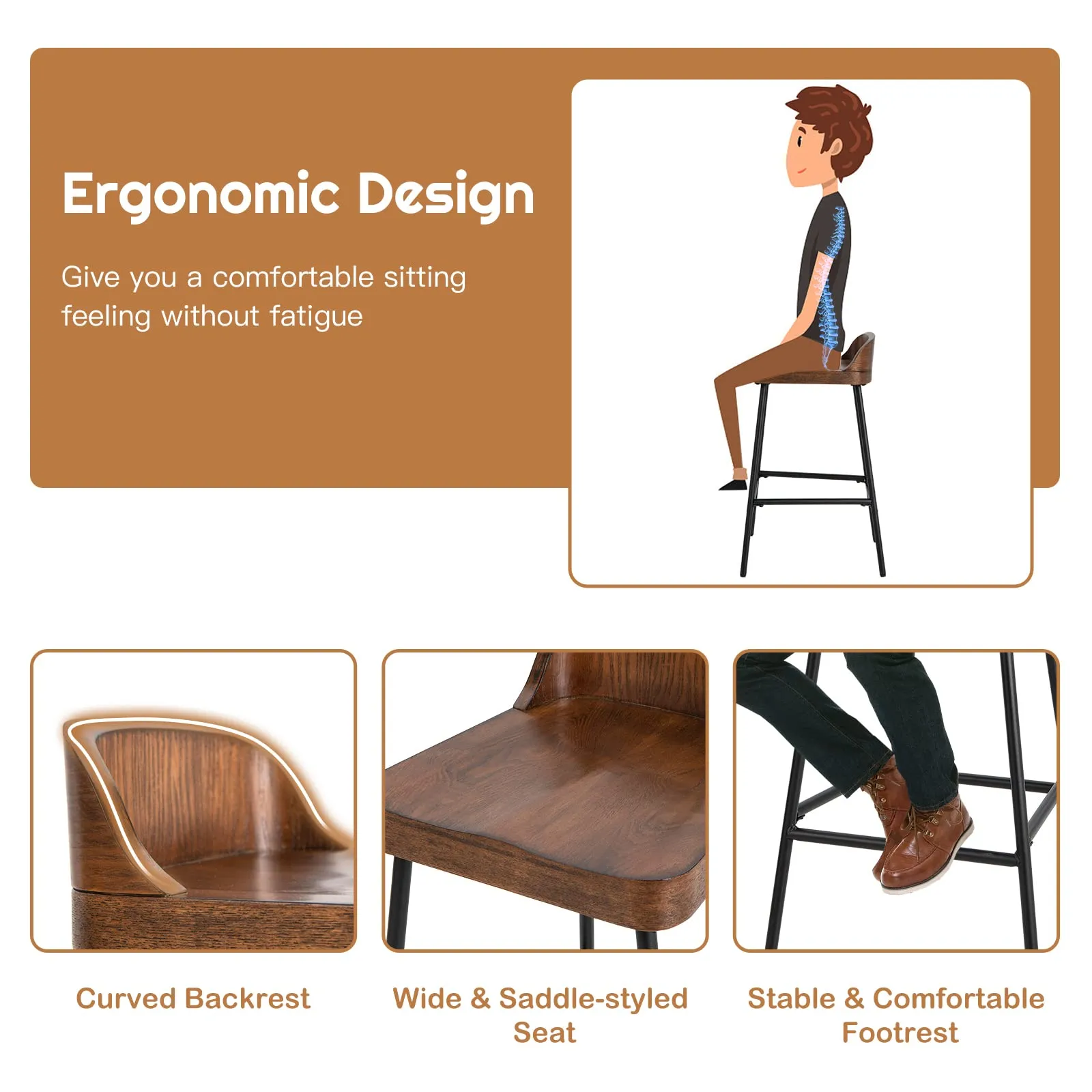 Bar Stool, 24.5-Inch Height Industrial Pub Stool with Backrest and Footrest, Metal Legs, Low-Back Breakfast