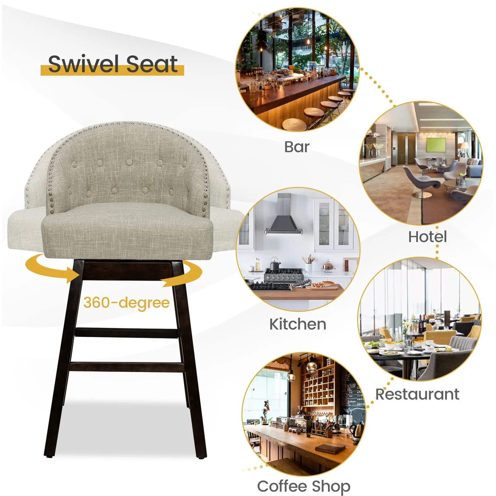 Bar Stools Set of 2, 31 Swivel Bar Stools with Rubber Wood Legs & Padded Back