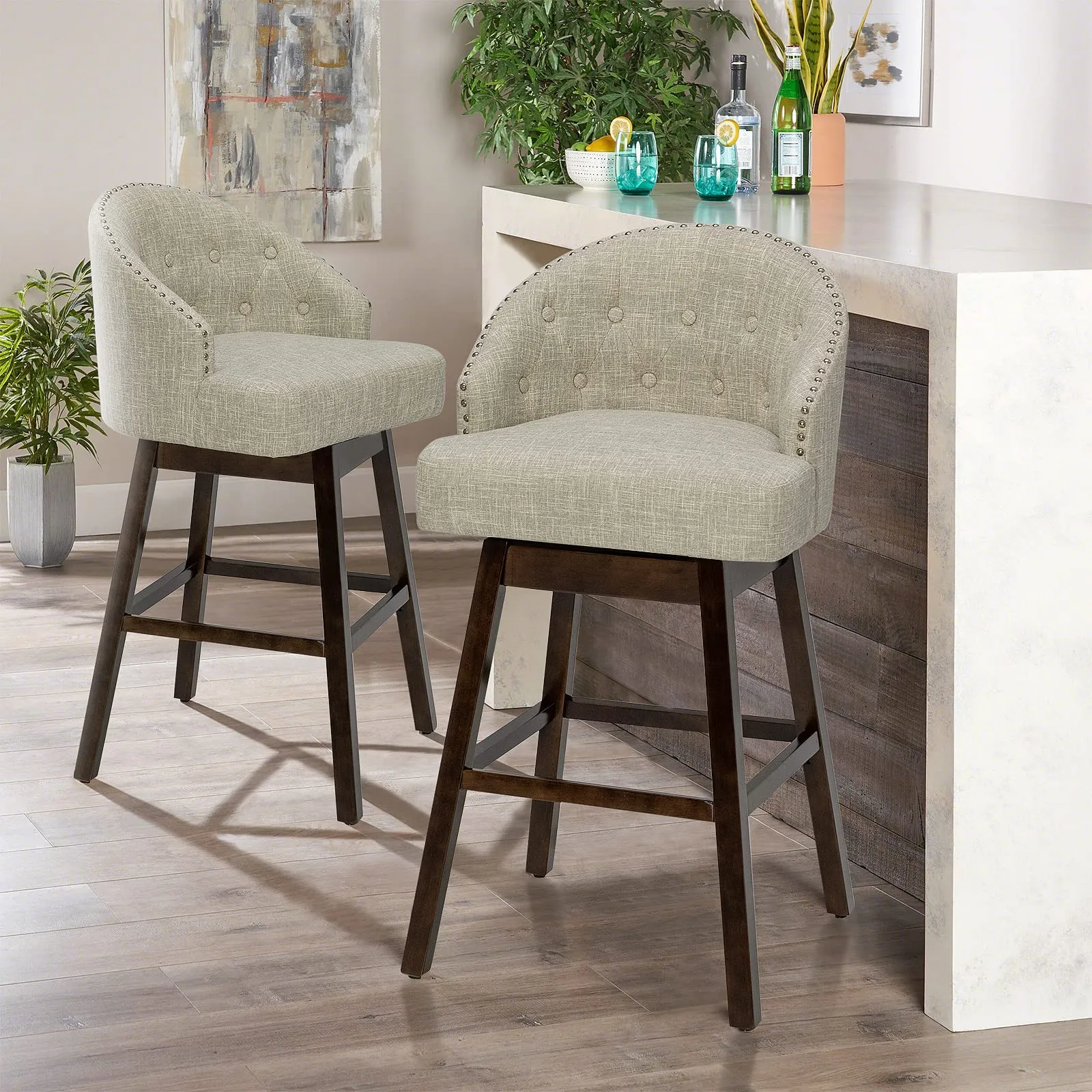Bar Stools Set of 2, 31 Swivel Bar Stools with Rubber Wood Legs & Padded Back