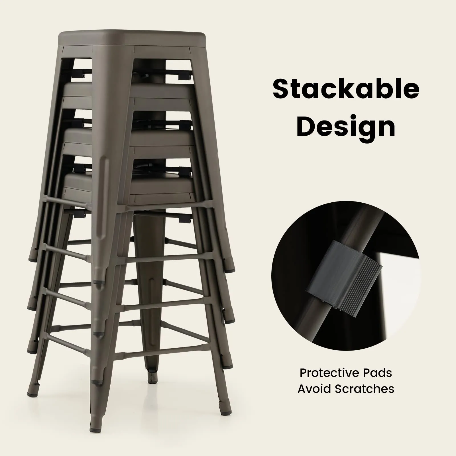 Bar Stools Set of 4, 24 or 30" Stackable Metal Stools with Square Seat & Handing Hole, X-shaped Reinforced Design