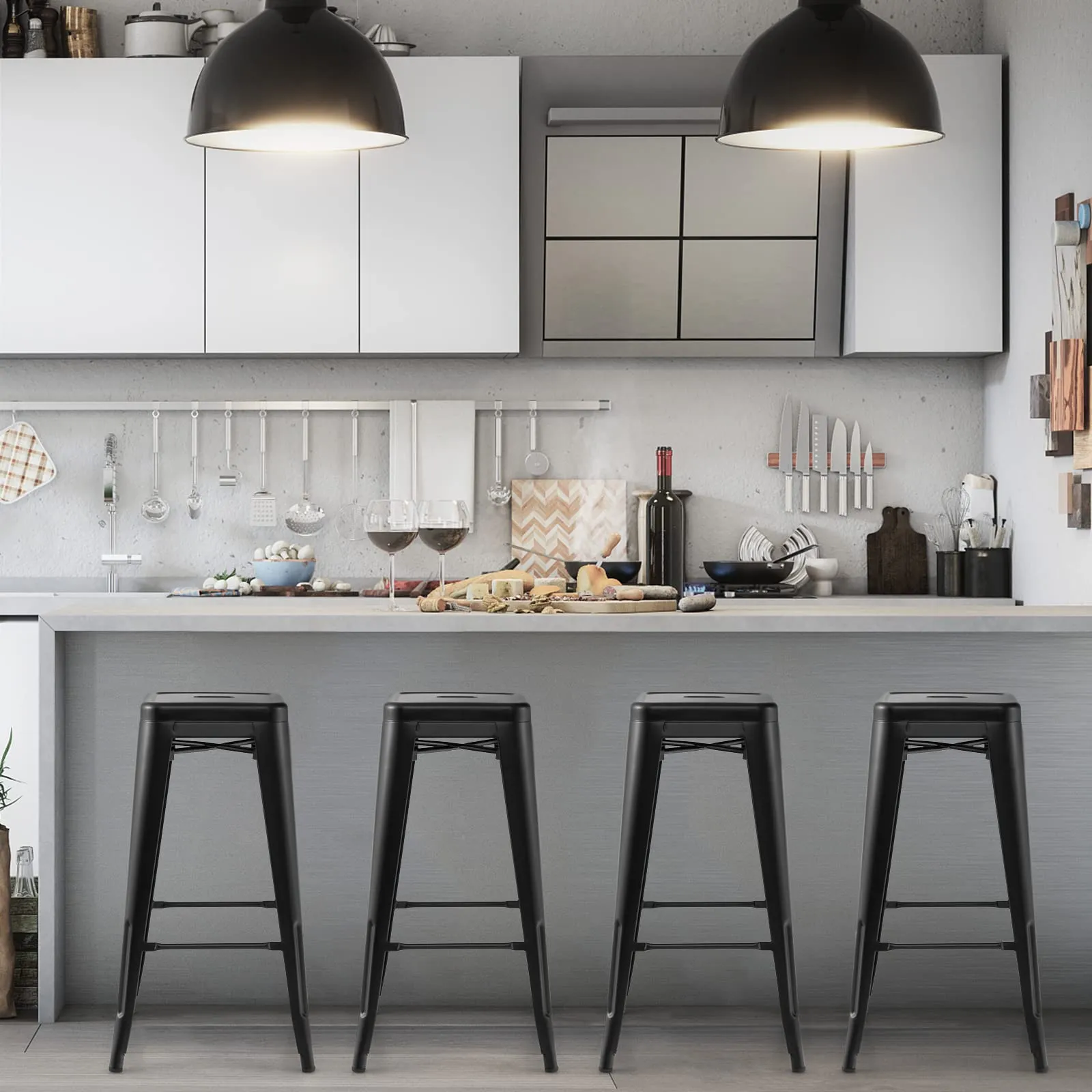Bar Stools Set of 4, 24 or 30" Stackable Metal Stools with Square Seat & Handing Hole, X-shaped Reinforced Design