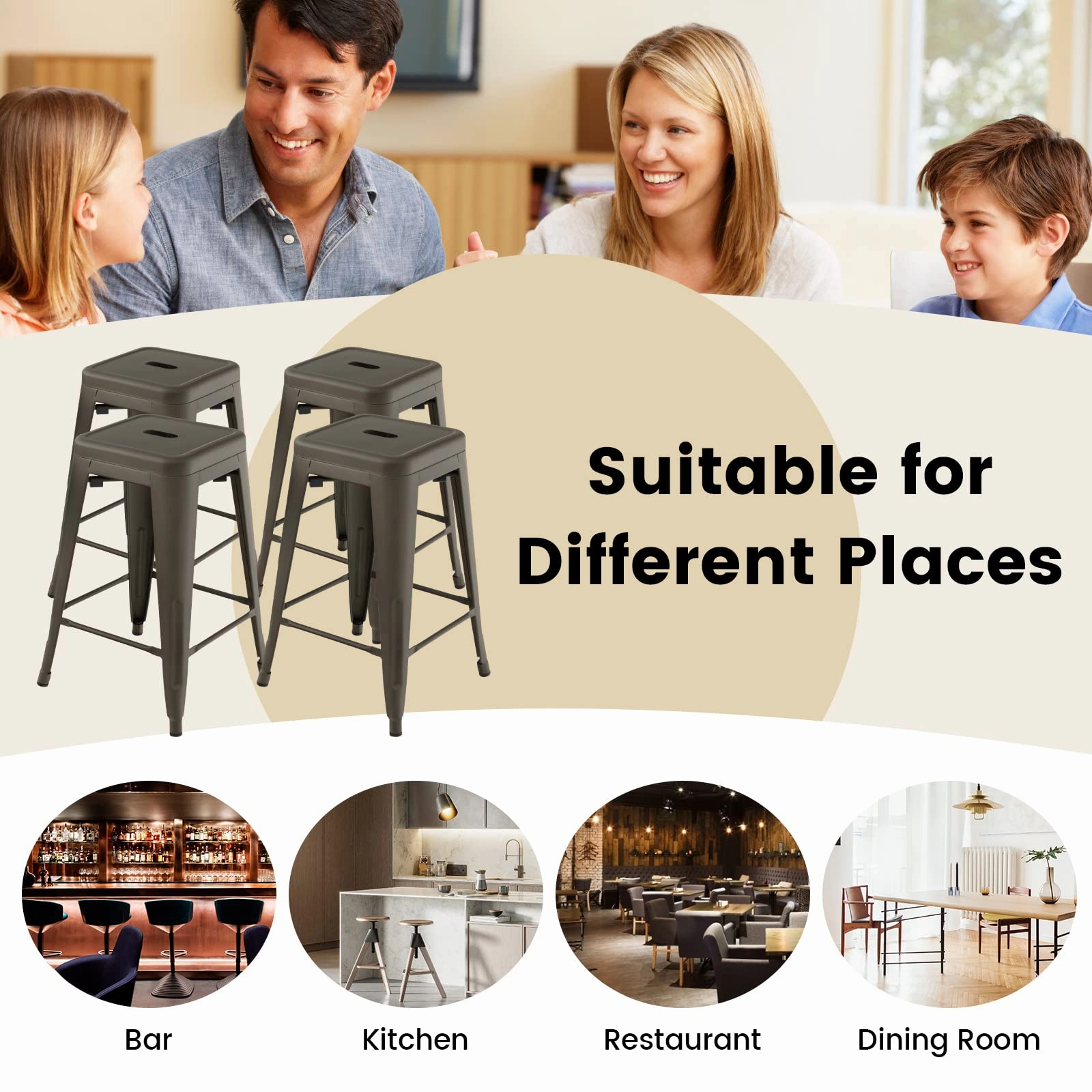 Bar Stools Set of 4, 24 or 30" Stackable Metal Stools with Square Seat & Handing Hole, X-shaped Reinforced Design