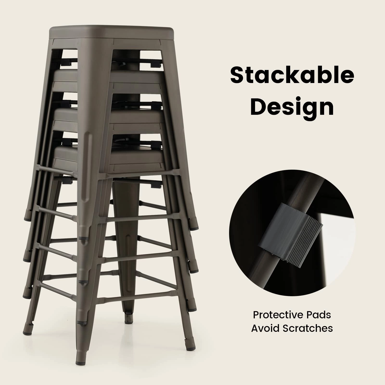 Bar Stools Set of 4, 24 or 30" Stackable Metal Stools with Square Seat & Handing Hole, X-shaped Reinforced Design