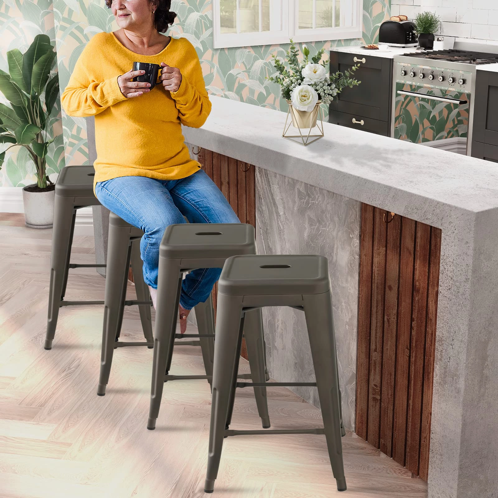 Bar Stools Set of 4, 24 or 30" Stackable Metal Stools with Square Seat & Handing Hole, X-shaped Reinforced Design