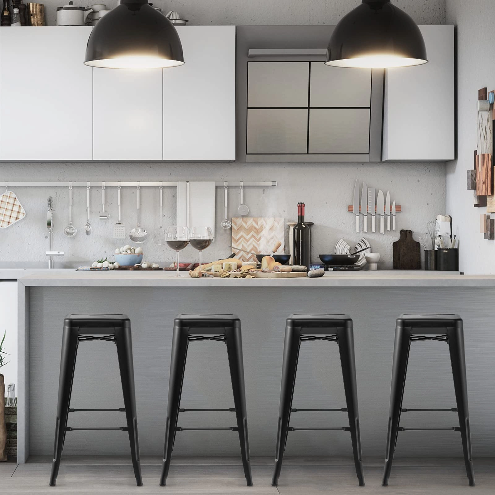 Bar Stools Set of 4, 24 or 30" Stackable Metal Stools with Square Seat & Handing Hole, X-shaped Reinforced Design